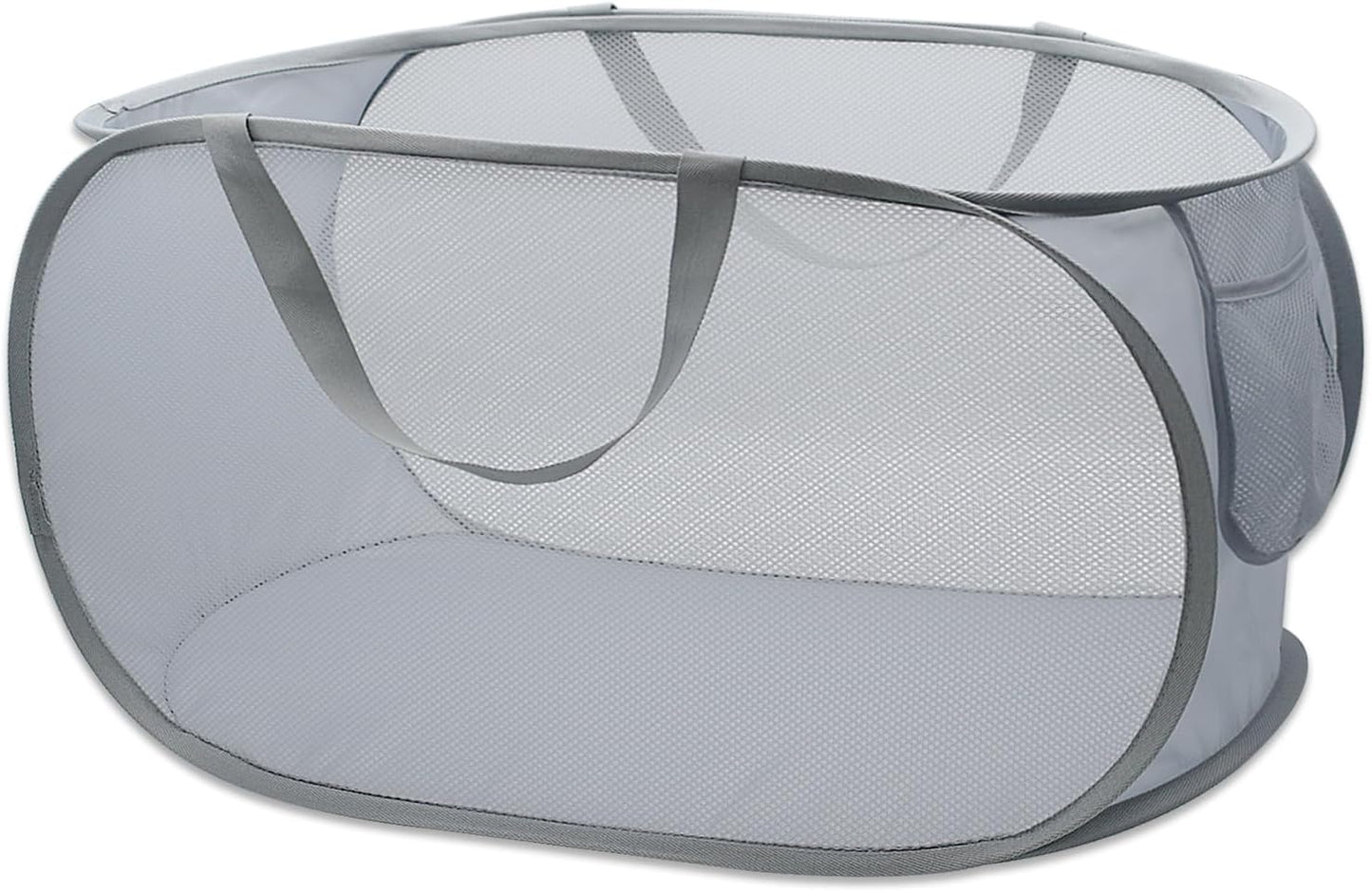 HONOMA Sturdy Mesh Laundry Hamper Basket Bag,Pop up Basket with Side Pocket for Laundry Room, Bathroom, Kids Room, College Dorm or Travel (Pop Horizontal, Grey)