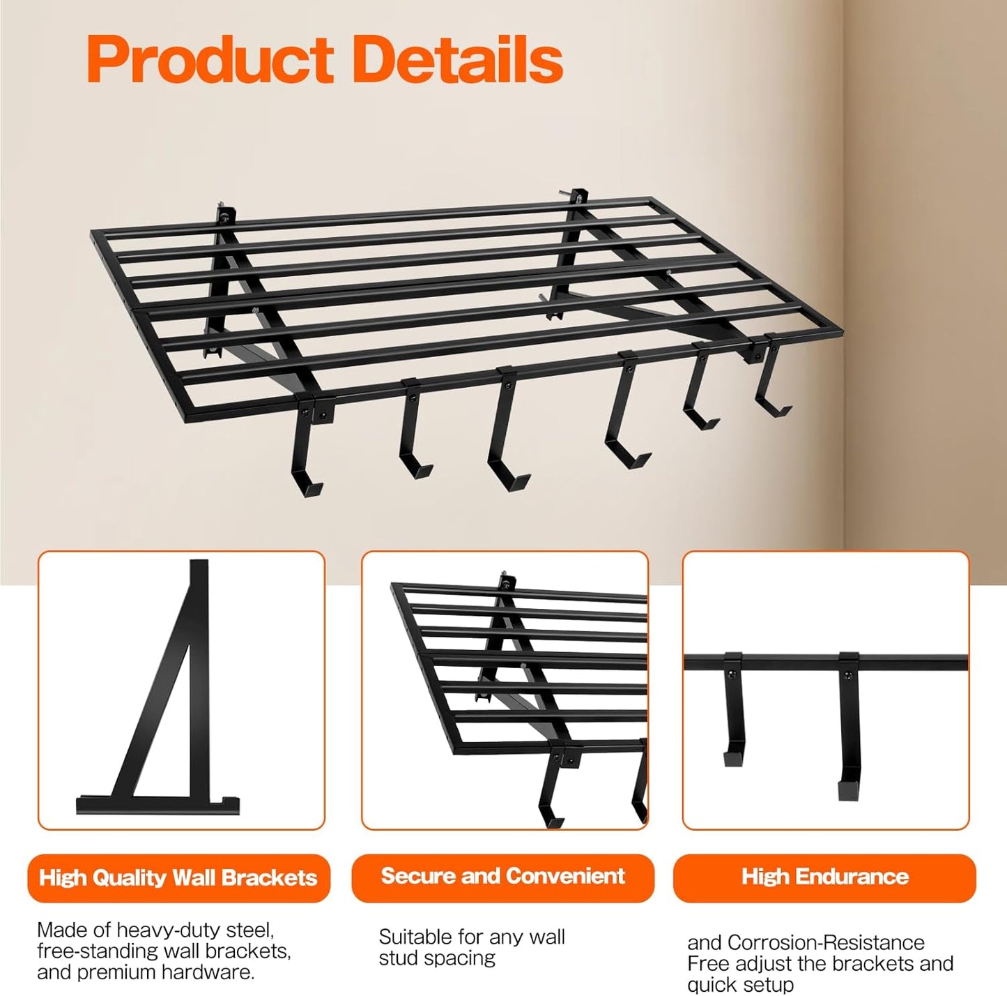 Garage Wall Shelving, 2X4ft Garage Storage Rack,Heavy Duty Wall Mounted Storage Shelf With 12 pc Hooks-Each Loads 260lbs Metal Wall Shelf,Black,2Pack