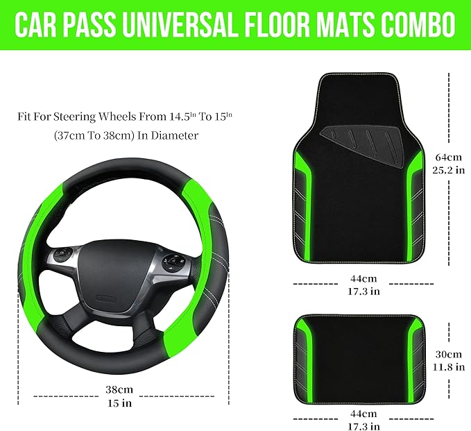 CAR PASS Leather Steering Wheel Cover and Waterproof Car Floor Mats,Microfiber Universal Car Combo Fit for 95% Sedan,SUV,Cars,14.5-15inch Sporty Anti-Slip Comfortable Design(Black＆Fluorescence Green)
