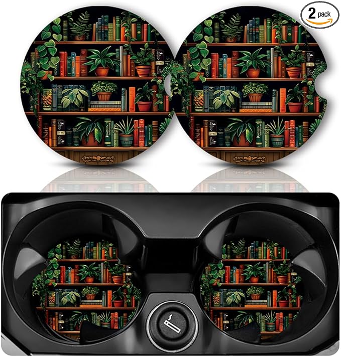 Car Coasters for Cup Holders，2.75" Universal Size Anti Slip Rubber Mat with A Finger Notch, 2 Pack Cup Holder Coasters for Car Interior Accessories for Women Men Vintage Bookshelf