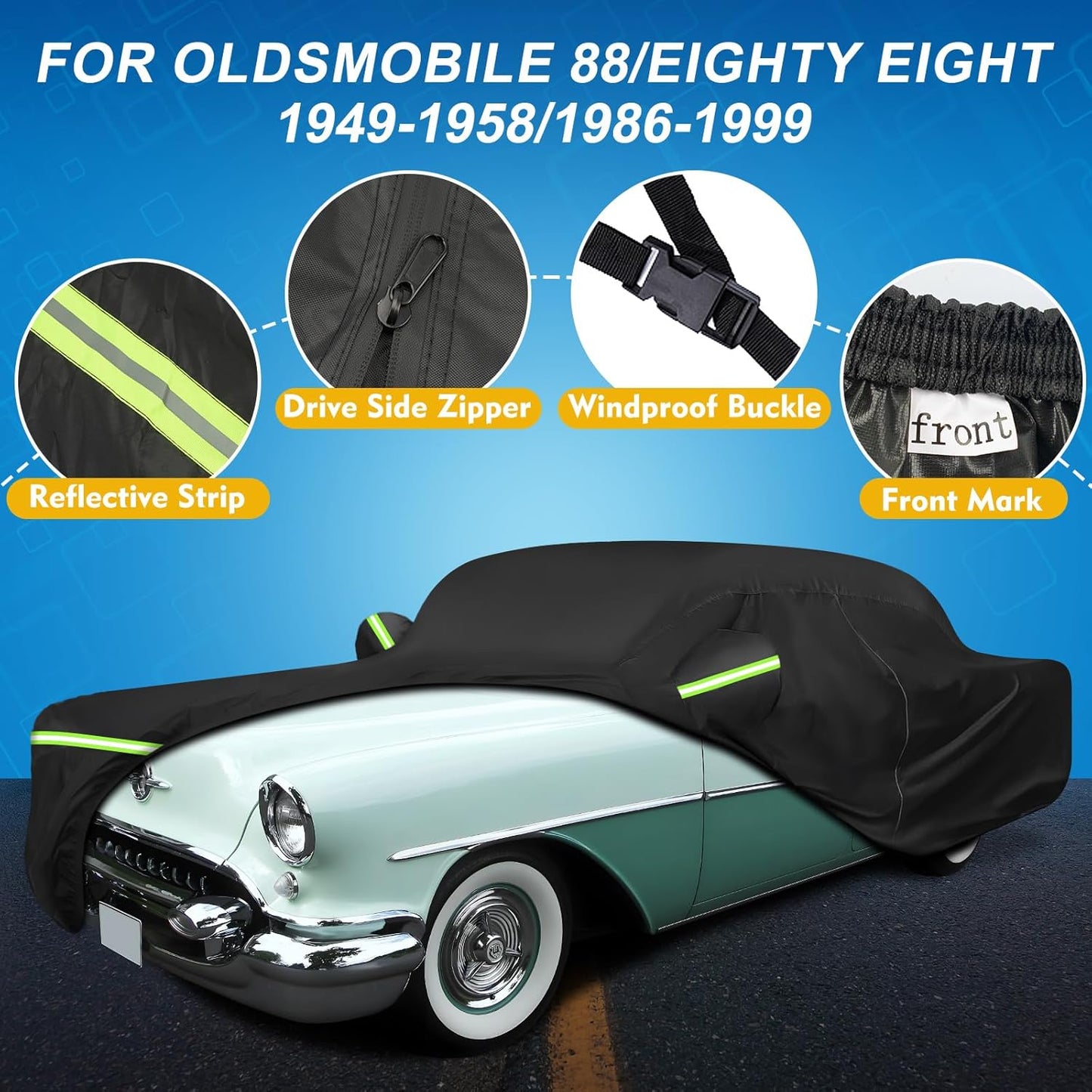 QUNSUNUS Waterproof Car Cover for Oldsmobile 88 1949-1958/1986-1999, Outdoor Car Cover with Zipper, All Weather Full Exterior Cover with Straps and Elastic Edges for Wind, Sun, UV and Dust Protection