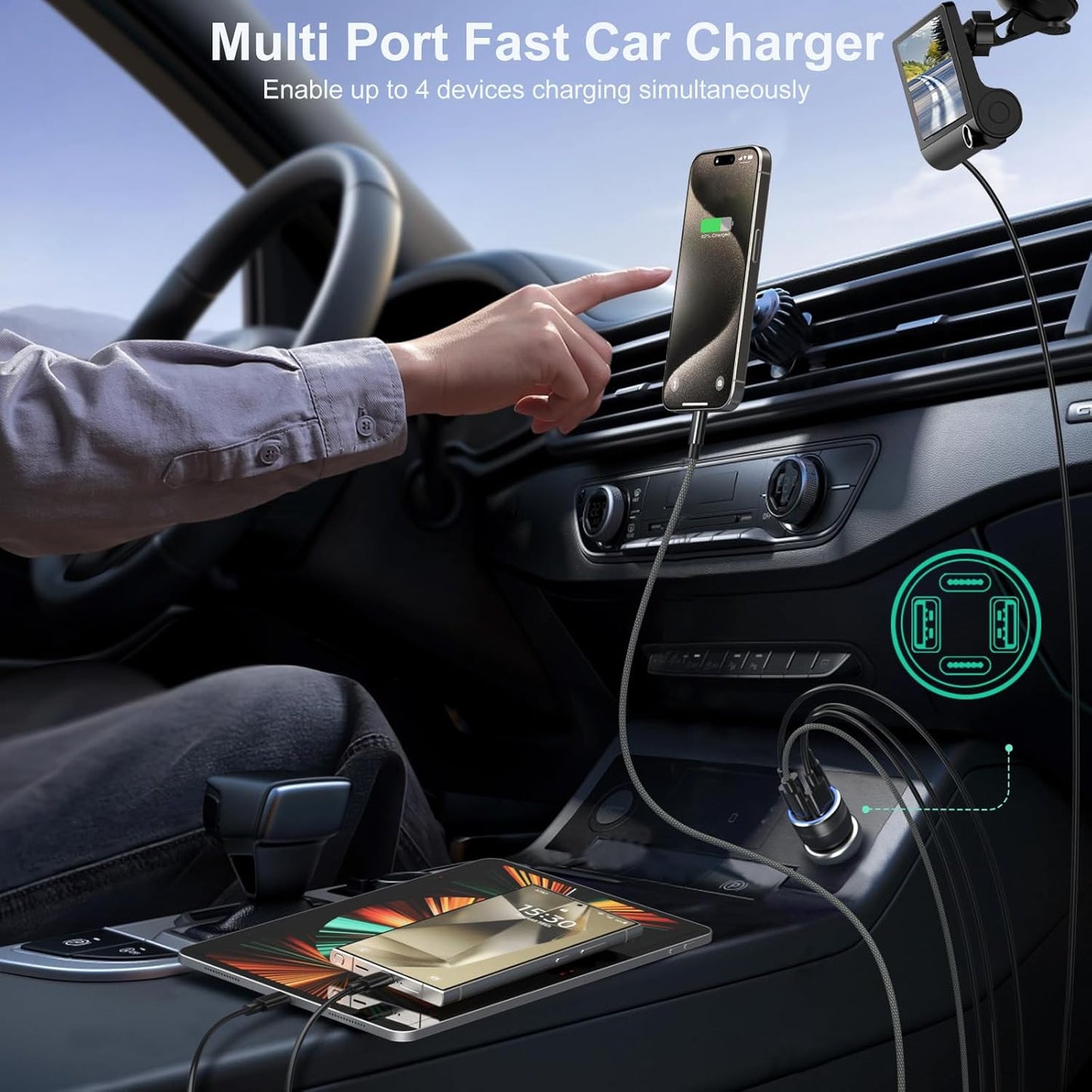 65W USB C Car Charger, Bangfun 4 Port Cigarette Lighter Adapter QC/PD 30W Fast Charging Dual 12V USB Car Phone Charger Power Adapter Plug for iPhone 16 15 14 13 12 iPad Pro,Samung S24(Black)