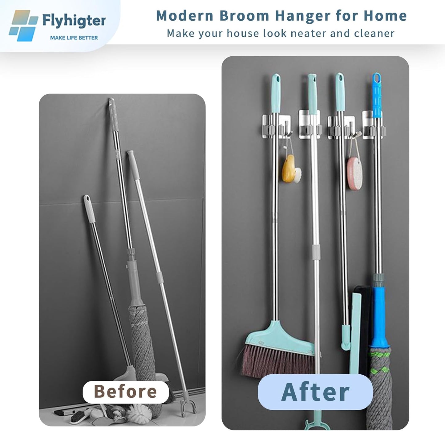 8 Pack Stainless Steel Mop Clips – Heavy Duty Wall Mounted Broom Holders, Rustproof & Tool-Free Install with Back Adhesive or Glue for Home and Garage