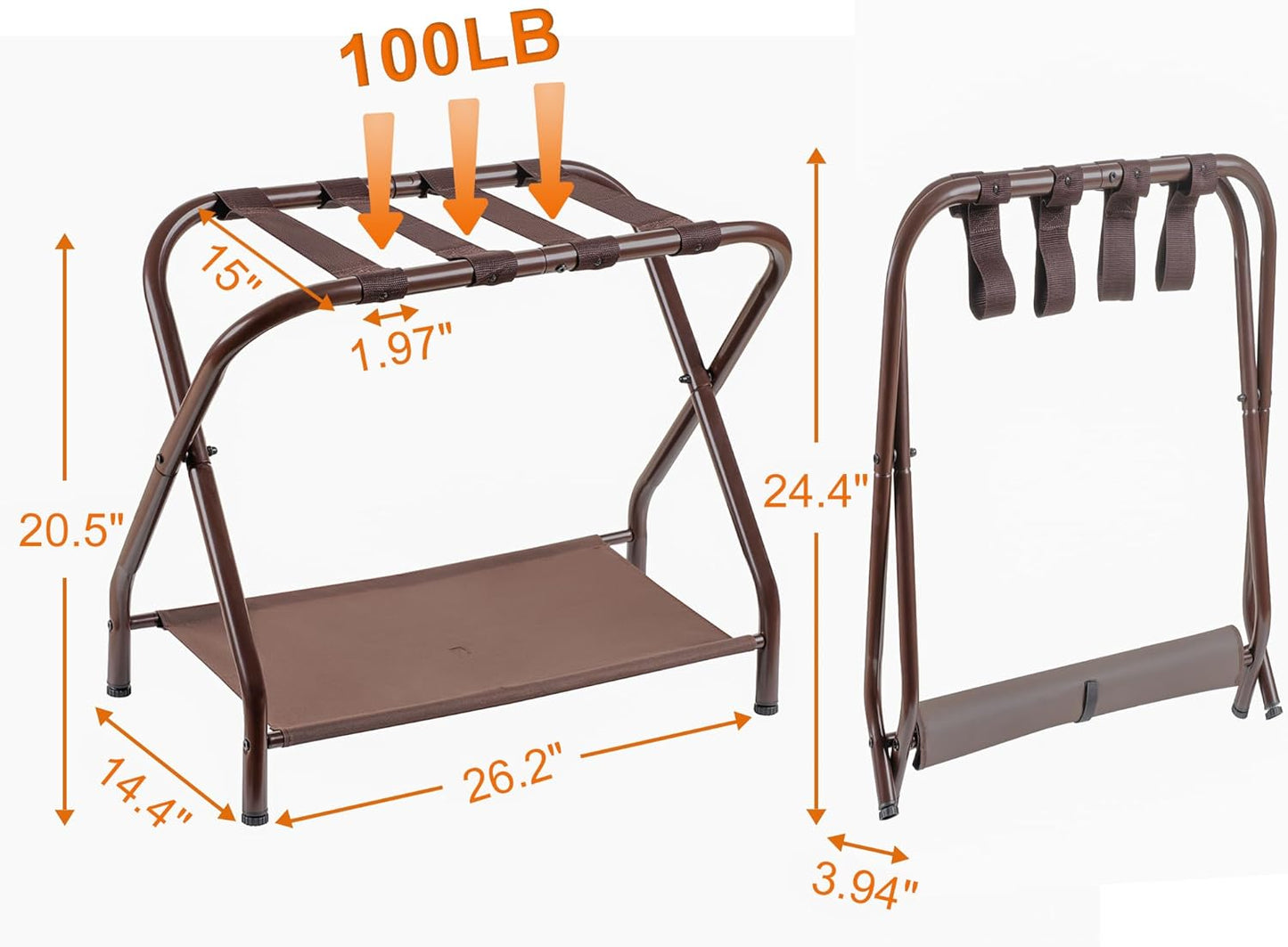 Heybly Luggage Rack, Pack of 2, Steel Folding Suitcase Stand with Storage Shelf for Bedroom, Hotel, Foldable Steel Frame, Guest Room Bedroom Hotel, 26.2" L x 14.4" W x 20.5" H, Brown HLR004Z2