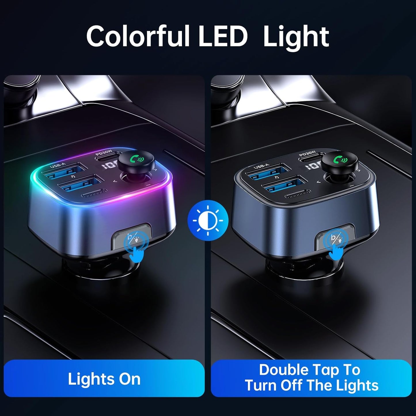 Syncwire Bluetooth 5.3 FM Transmitter Car Adapter 48W(PD 36W & 12W) [Light Switch] [Hi-Fi Deep Bass] [Fast Charging] Wireless Radio Music Adapter LED Display Hands-Free Calling Support USB Drive