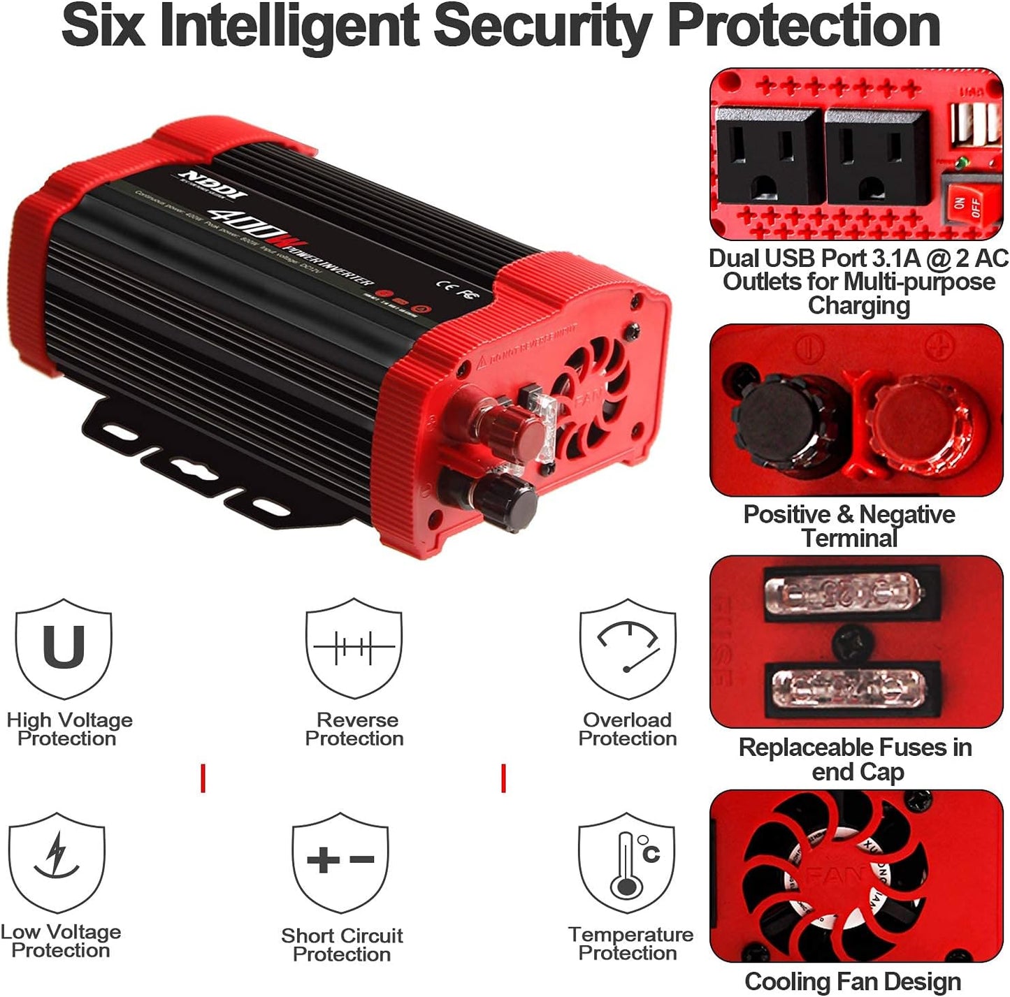 400W Car Power Inverter, DC 12V to 110V AC Converter with 2 Charger Outlets and Dual 3.1A USB Ports Cigarette Lighter Socket Adapter(Black)