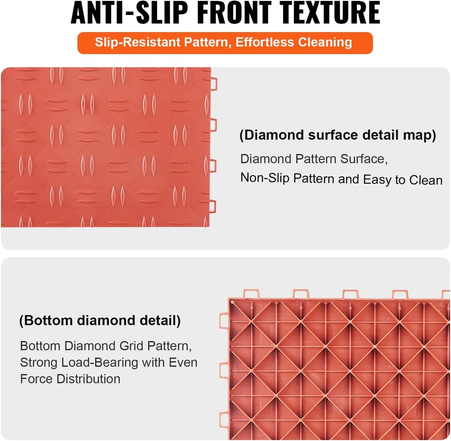 VEVOR Interlocking Garage Floor Covering Tiles, 50 Pack, 12 x 12 x 0.53 inch, Double-Sided Texture, Non-Slip, Red