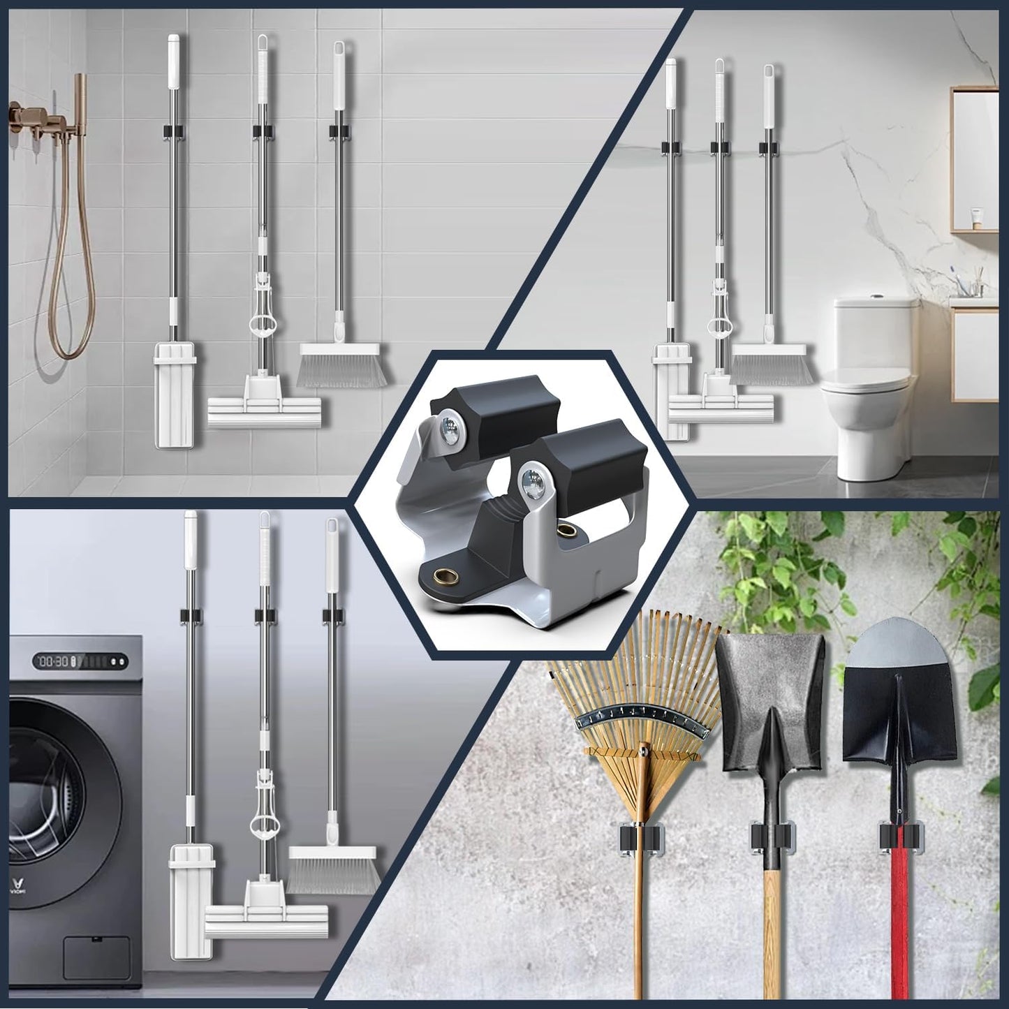 3-H 10 Pack Mop and Broom Holder Big Size Hanging 1 KG Extra, Broom Holder Wall Mount for Hanging and Organizing Shove Rake Yard Tools in Garage Garden Shed Laundry Kitchen up to 1.45 Inch (black)