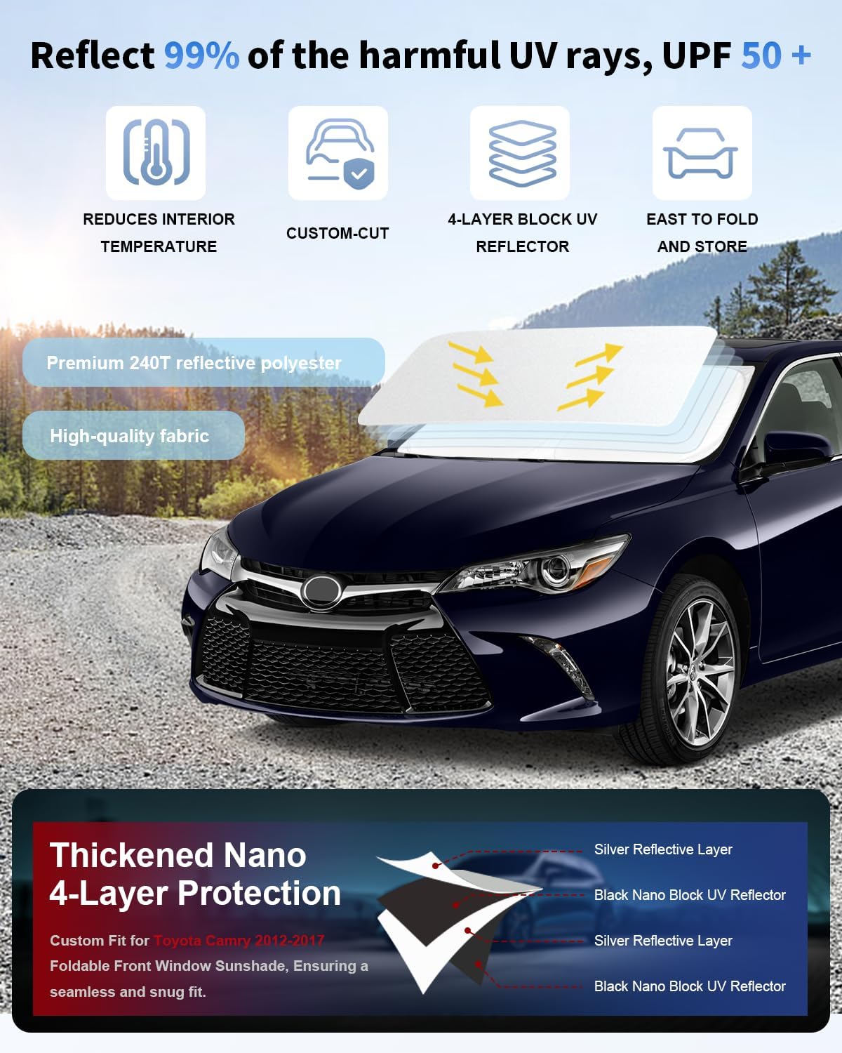 Custom-fit for Toyota Camry 2012-2016 2017 Windshield Sun Shade Block UV Rays Foldable Sun Visor SunShades 240T Reflective Fabric UV Protection Auto Car Interior Accessories