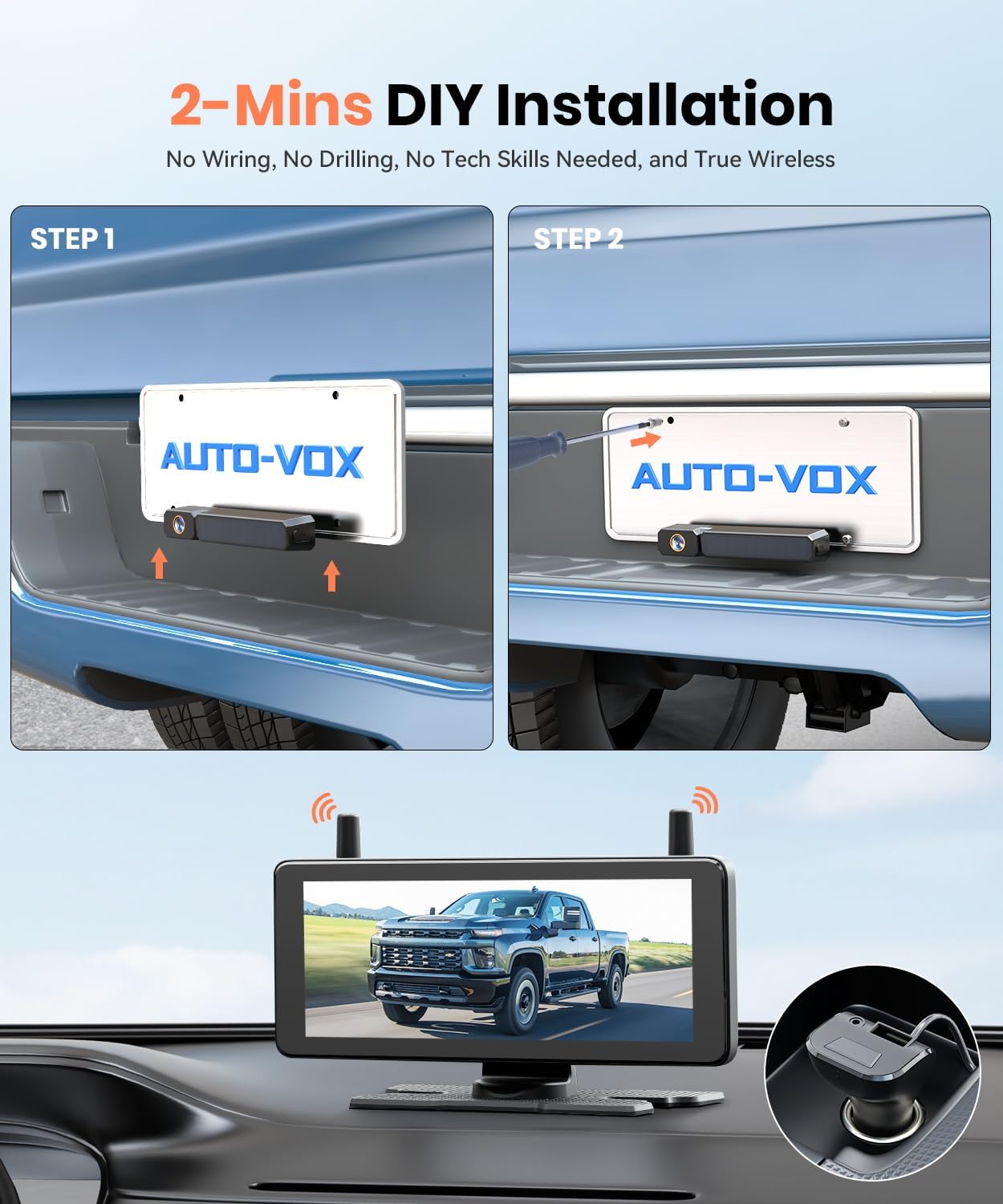 AUTO-VOX 7.2" DVR Portable Solar Wireless Backup Camera:HD 1080P 2 Min Quick Installation Support 2 Split Screen Back up Camera, IP69K Waterproof Reverse Camera for Car, Van, SUV, Truck, Trailer