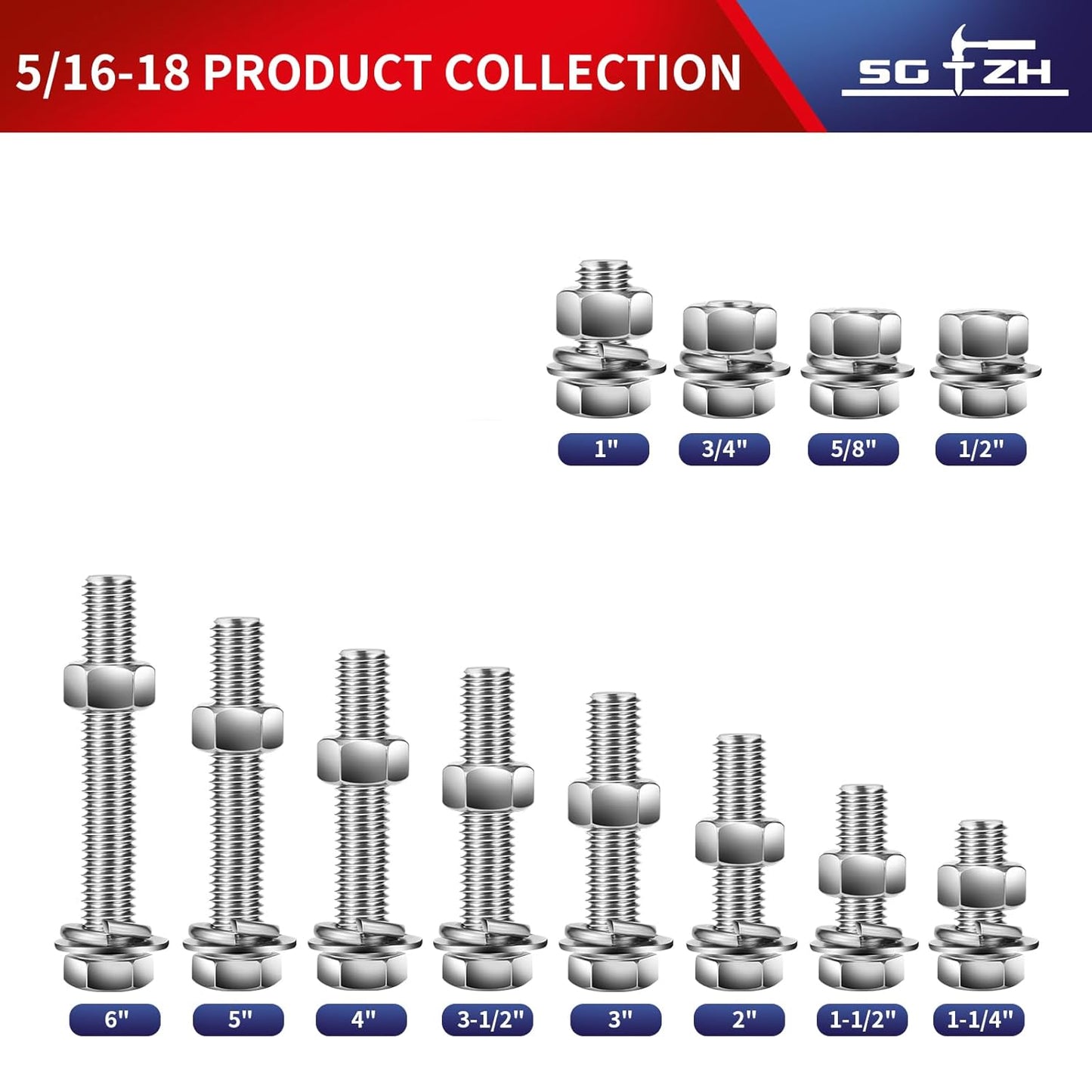 5/16-18 x 4" Hex Head Screw Bolt, Nuts, Flat & Lock Washers, 10Pcs 18-8 (304) Stainless Steel, Fully Threaded, by SG TZH