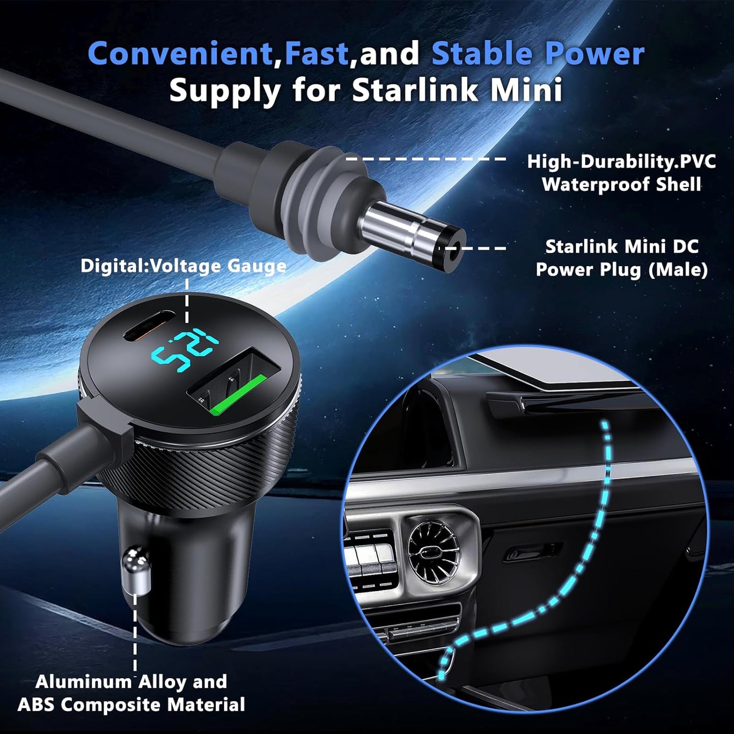 3-in-1 Starlink Mini Cable, Car Charger with Digital Display | 40W USB-C PD & 35W USB-A Ports | All-Weather Shielded Cable for RV, Truck, Boat (12V-48V) (9.8ft)