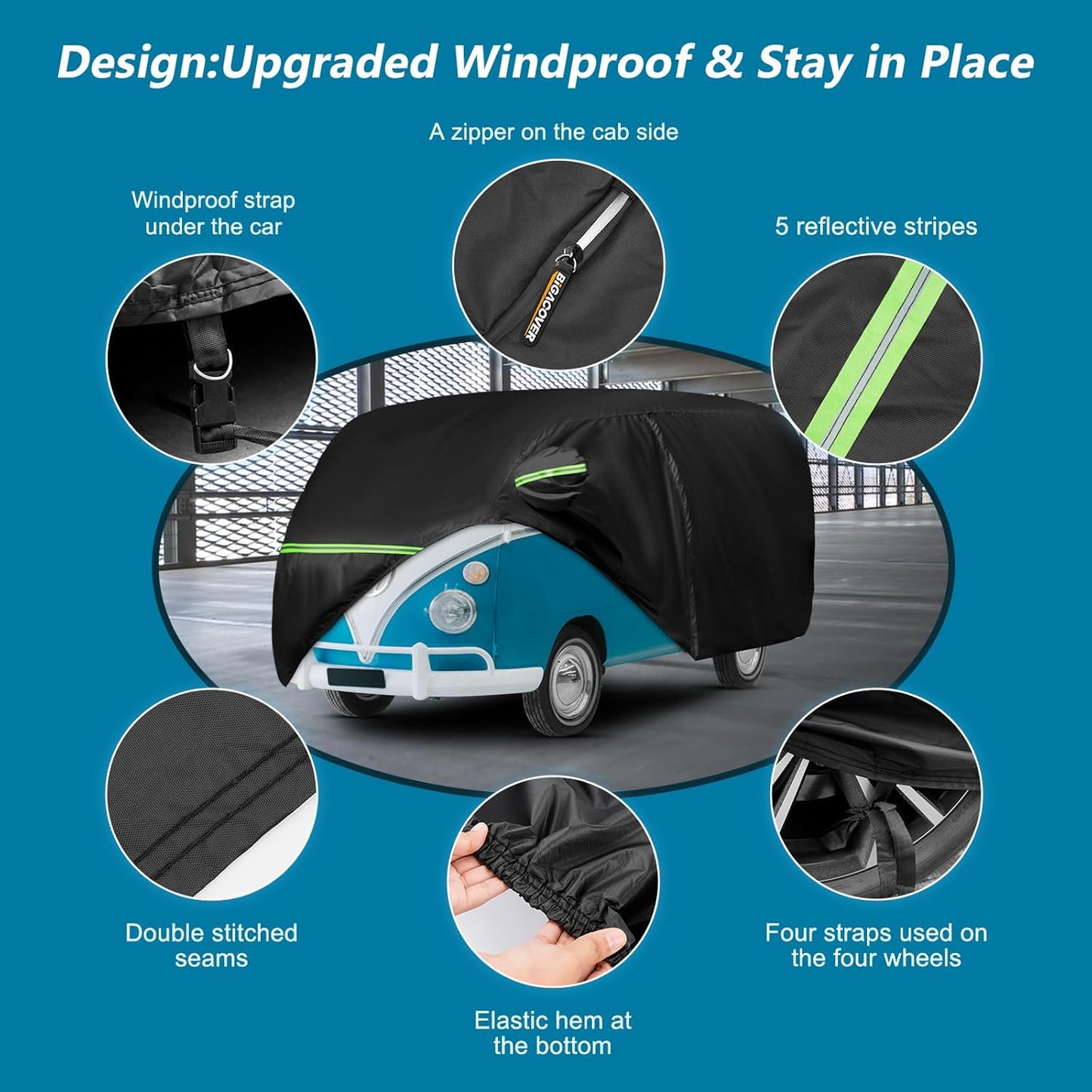 Waterproof Car Covers for 1950-1992 VW Bus T1 T2 T3, 420D Oxford Cloth Sun Heat Protection Outdoor Full Covers with Driver Side Zipper Windproof Heavy Duty All Weather for 1950-1992 VW Bus T1 T2 T3