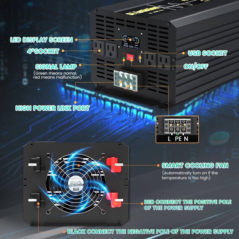 5000W/10000W(Peak) Pure Sine Wave Car Power Inverter 12V DC to 120V AC 60HZ with LCD Display, USB Port, Wireless Remote Control（10M) for Car Home Laptop Truck