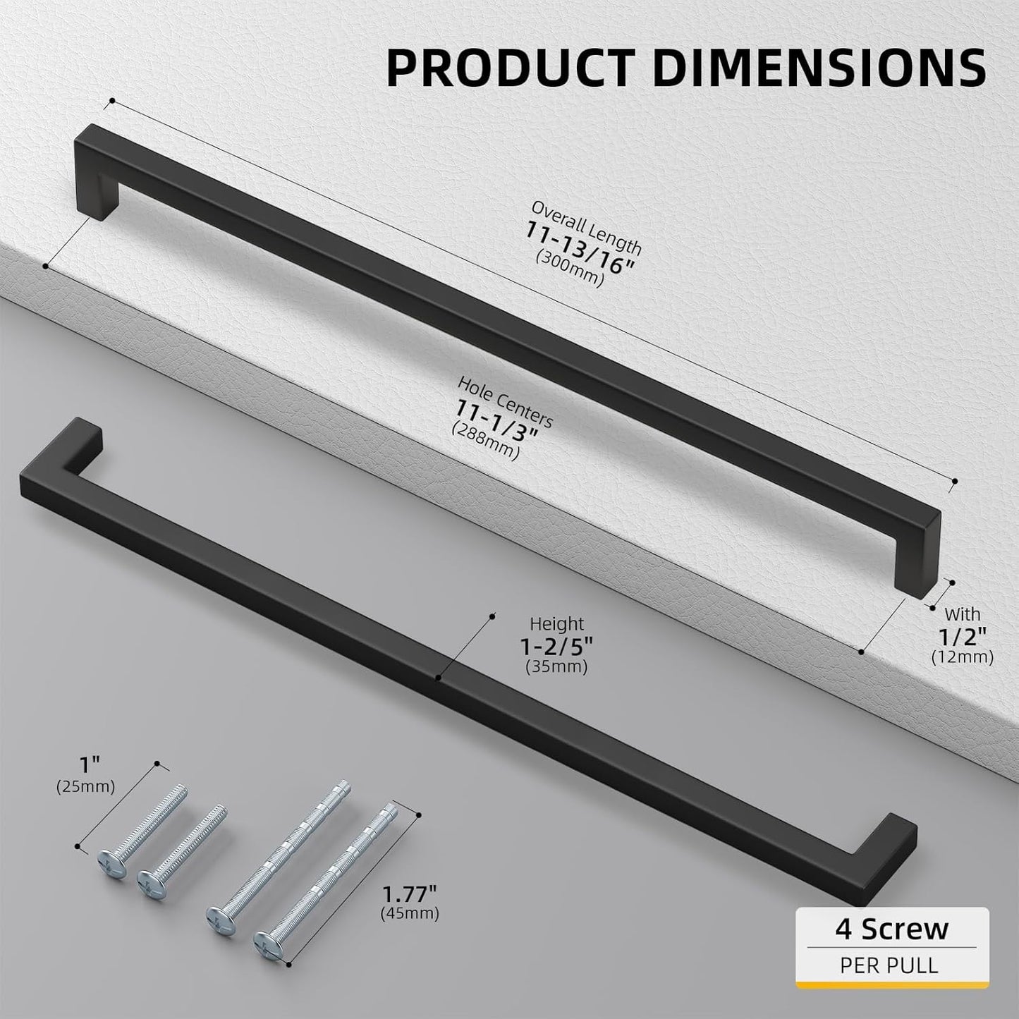 Goldenwarm 1 Pack Black Square Bar Cabinet Pull Drawer Handle Stainless Steel Modern Hardware for Kitchen and Bathroom Cabinets Cupboard,Center to Center 11-1/3in(288mm)