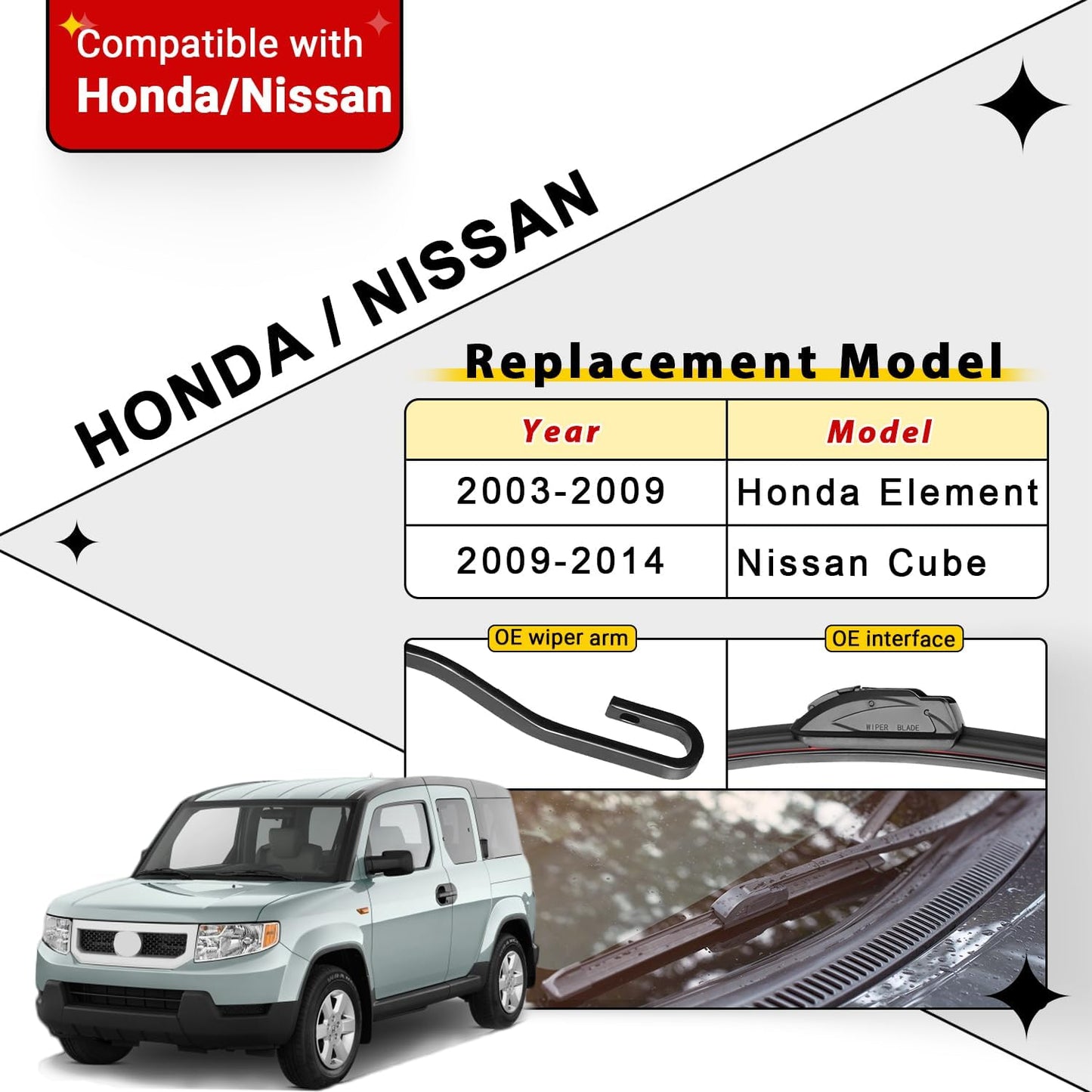 Windshield Wiper Blades Replacement for 2003-2009 Honda Element / 2009-2014 Nissan Cube Original Factory Quality Front Rear Wipers Blade Set for My Car - 20" 20" 12" (Pack of 3)