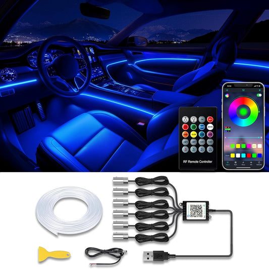 USB Interior Car LED Strip Lights with Wireless APP and Remote Control, RGB 6 in 1 Ambient Lighting Kits with 315 inches 3.0mm Fiber Optic, 16 Million Colors Car Neon Lights, Sync to Music