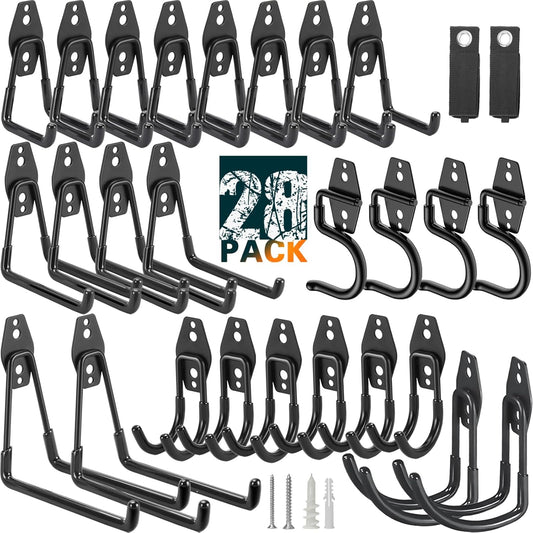 28 Pack Heavy Duty Garage Hooks, Utility Wall Mounted Storage System, with Anti-Slip Coating Hanger, for Hanging Power and Garden Tools, Ladders, Bikes, Ropes and Bulk Items