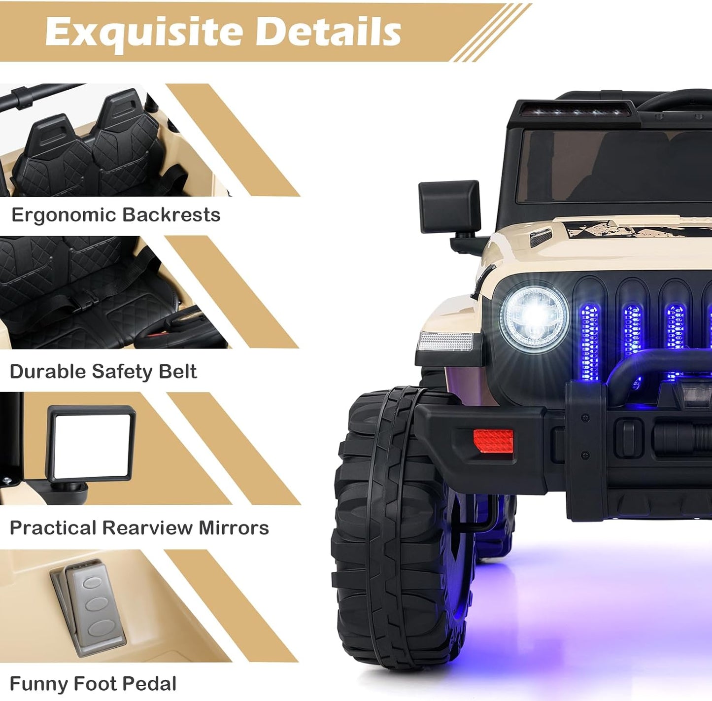 INFANS Kids Ride on Car Truck with 2.4G Remote Control, 12V Battery Powered Electric Cars for Kids w/3 Speeds, Battery Display, LED Lights, Safety Belt, Music & Horn, Bluetooth/FM/USB (Khaki)