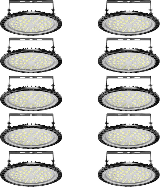 Viugreum 10 Pack 200W UFO LED High Bay Lights, 20000LM 6500K Daylight White Ultra Thin Highbay Light Fixtures, 110V IP65 Waterproof Bay Lighting for Garage Factory Warehouse Gym