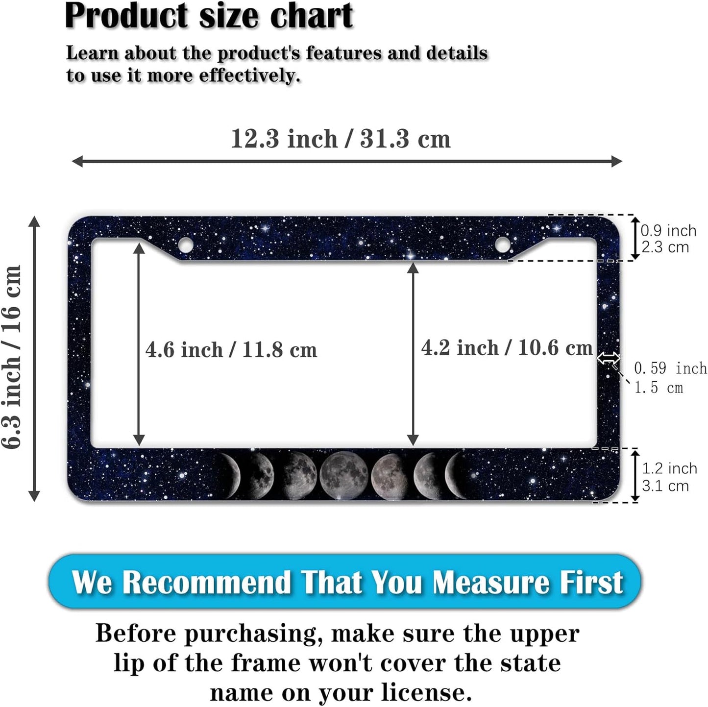 Automotive Exterior Accessories Black and White License Plate Frames Celestial Moon Phases Aluminum Metal Car Accessory 2 Pack with Screw Covers Set
