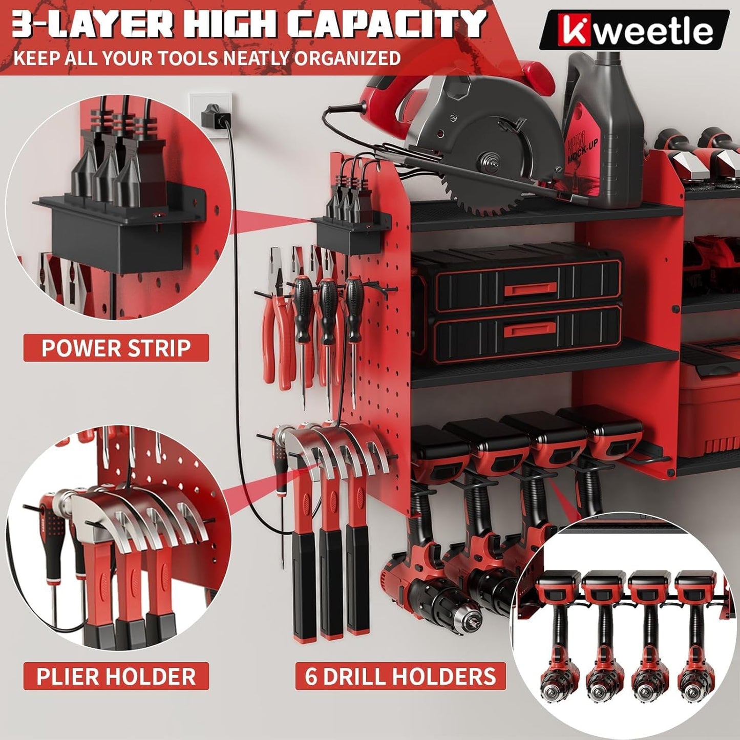 45" Power Tool Organizer Wall Mount with Charging Station - 3 Layer Storage Racks with 8 Cordless Drill Holder, 4 Hooks, Heavy Duty Garage Tool Organizer Storage for Workshop Shed Pegboard Basement