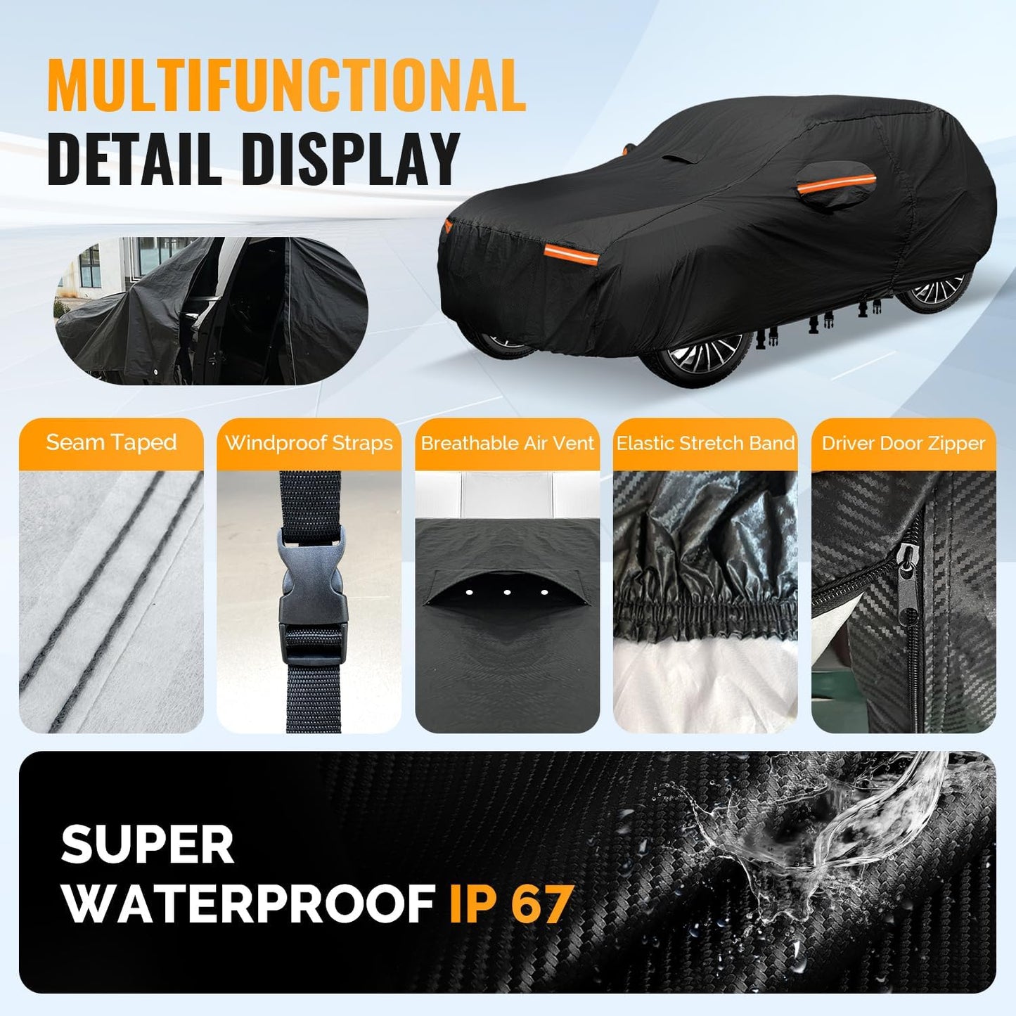 30 Layers SUV Car Cover for Automobiles All Weather Waterproof, Outdoor Snowproof UV Protection Windproof, Door Zipper, Soft Cotton, Heavy Duty Universal Car Covers, (Black, Fit SUV 171"-180")