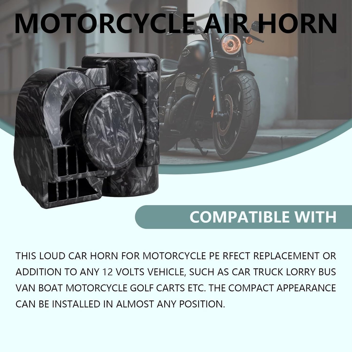 Loud Car Horn with Relay,150dB Train Horn for Motorcycle,12V Air Horns for Car,Black & Gray Personalized Pattern,Dark Style Motorcycle Waterproof Snail Horns