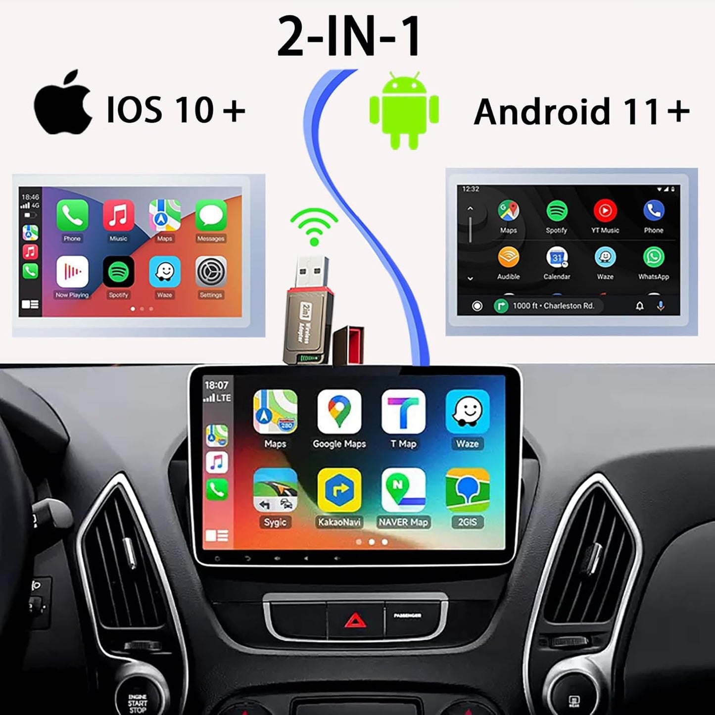 2-in-1 Wireless CarPlay Adapter for iPhone& Android, Convert Wired to Wireless Apple CarPlay Adapter, Mini Size with Extension Cable USB & USB-A/Type-C, Stable Control & No Delay