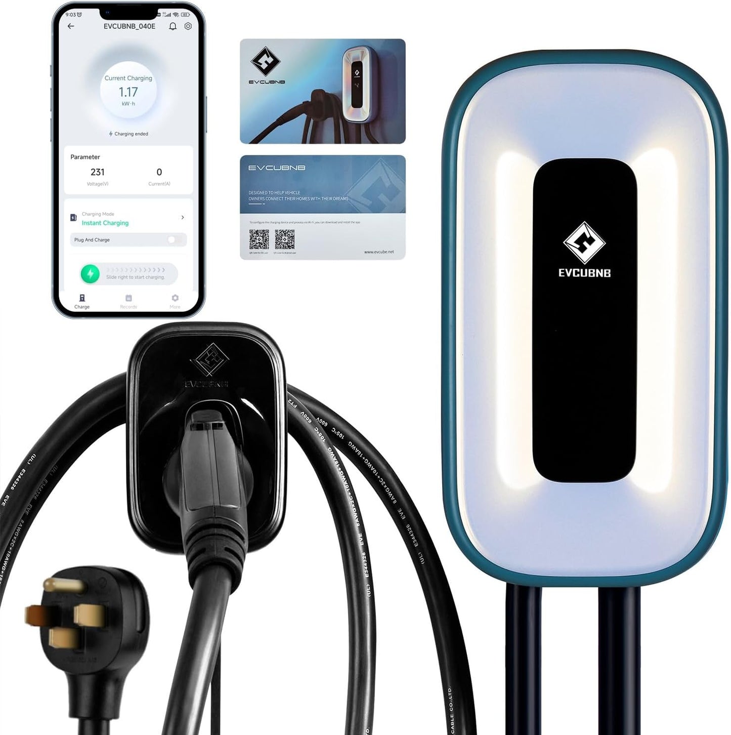 EV Charger Level 2，50 Amp Charge Station, 240V,Indoor/Outdoor EVSE, 25Ft Cable Level 2 ev Charger, 2.4GWiFi/APP/RFID Card (NEMA14-50 Plug or Hardwired)