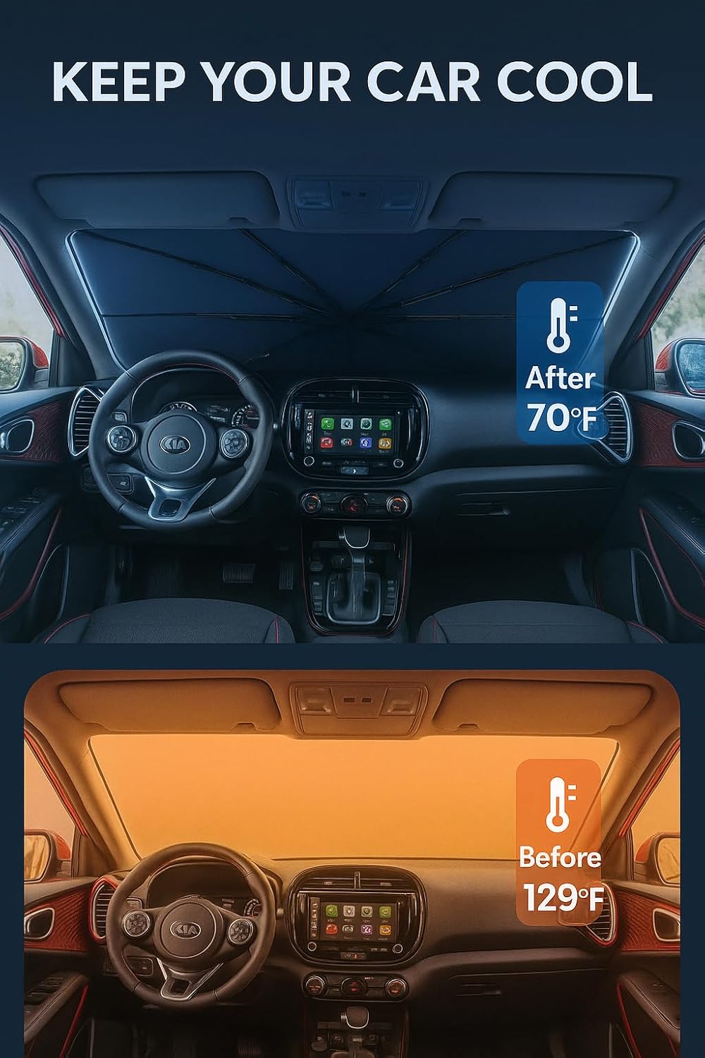 Proadsy Windshield Sun Shade Umbrella for Kia Soul 2020-2025 2026 Foldable Car Umbrella Sunshade with Soft TPU Handle Spring Structure Crystal Cooling Material Protect Car from Rays & Heat