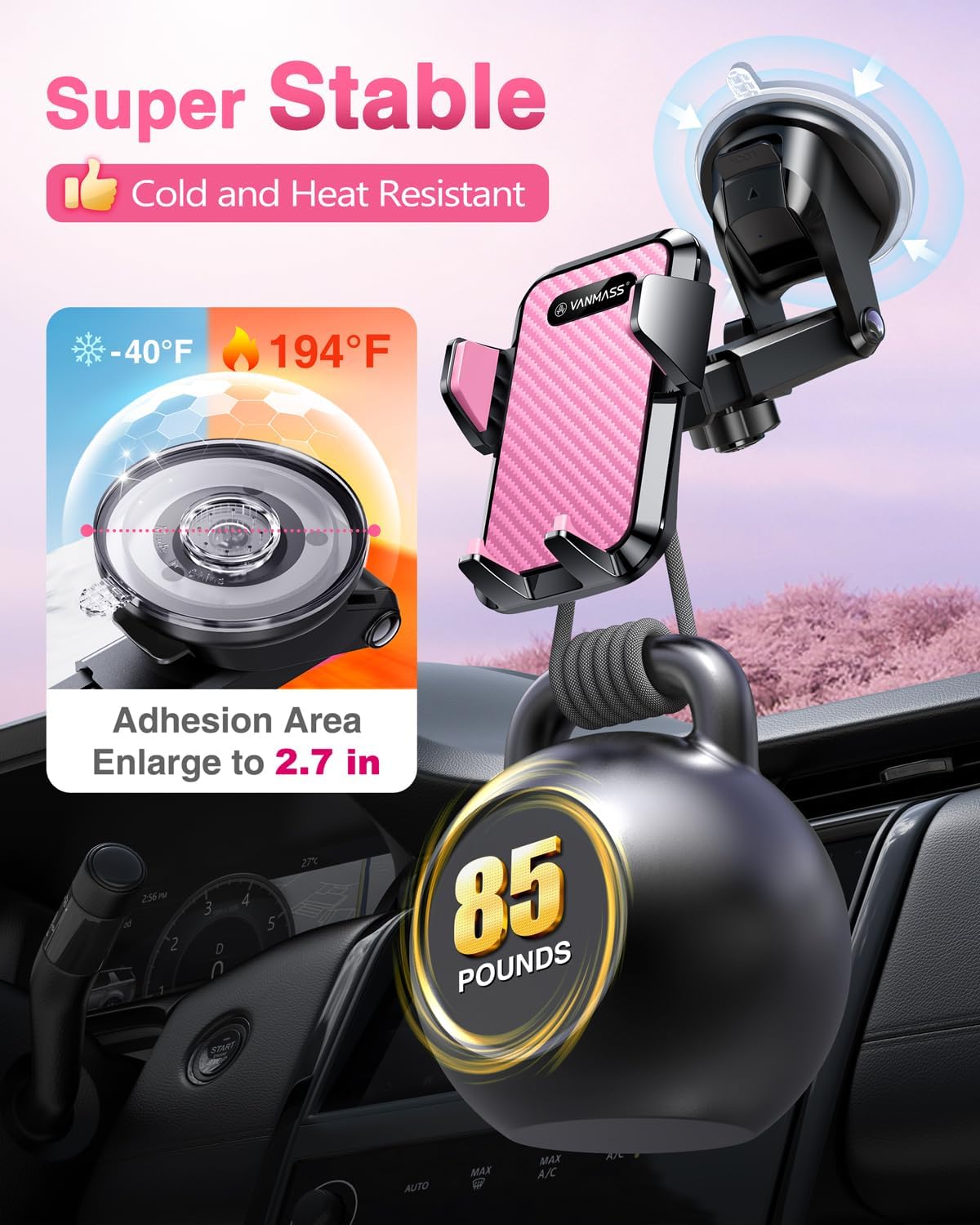 VANMASS 2025【Strongest Suction & Military-Grade】 Car Phone Mount 【Patent & Safety】Ultimate Cell Phone Holder Handsfree Stand for Dash Windshield Vent for iPhone 16 15 Pro Max 14 Android & Truck, Pink