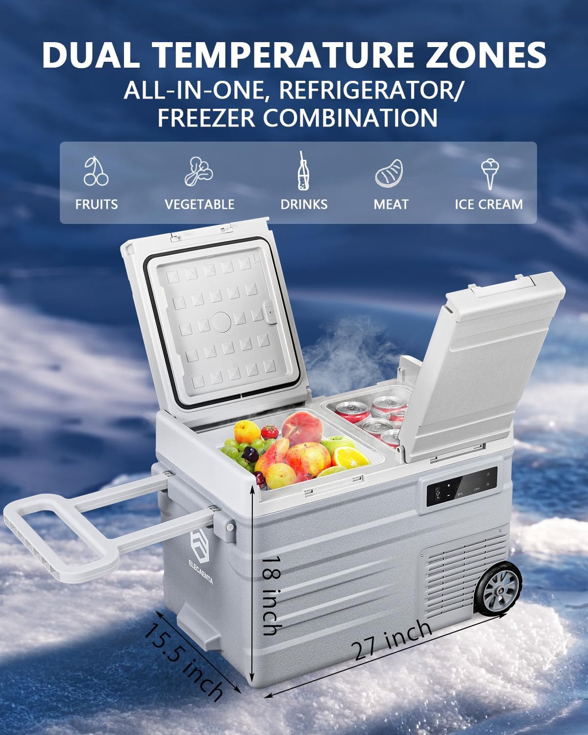 ELECAENTA 12 Volt Refrigerator, 43qt Dual Zone Car Fridge, Portable Freezer -4℉~68℉, Support DC/AC/Solar (Detachable Battery Optional), Electric Cooler for Camping Travel Fishing Road Trips