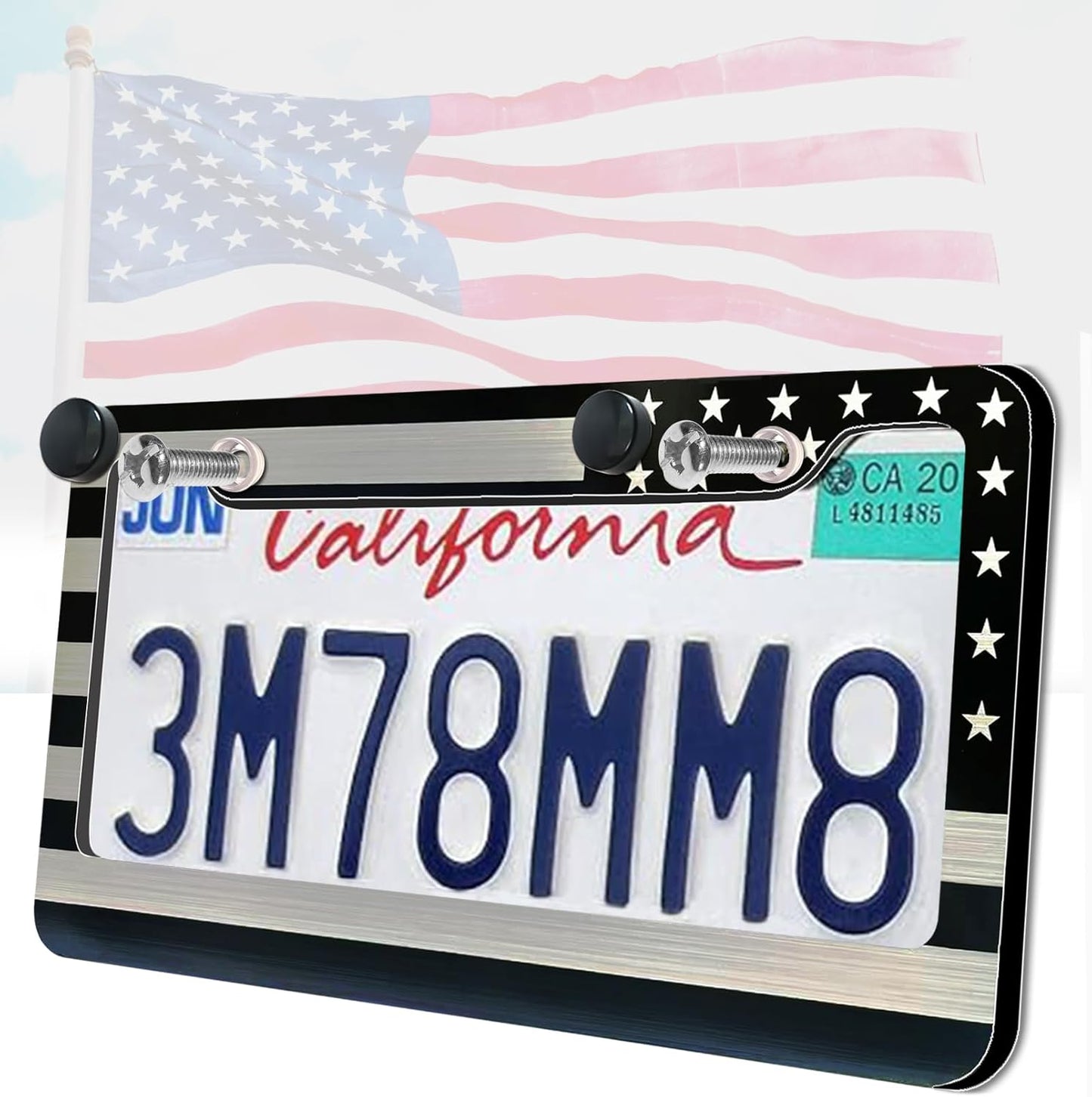 American Flag License Plate Frame- Black Front Rear Patriotic USA ‌Car Tag Frames, 2 Pack 2 Hole Heavy Duty Brushed Aluminum Plastic Composite Holder with Screws Caps