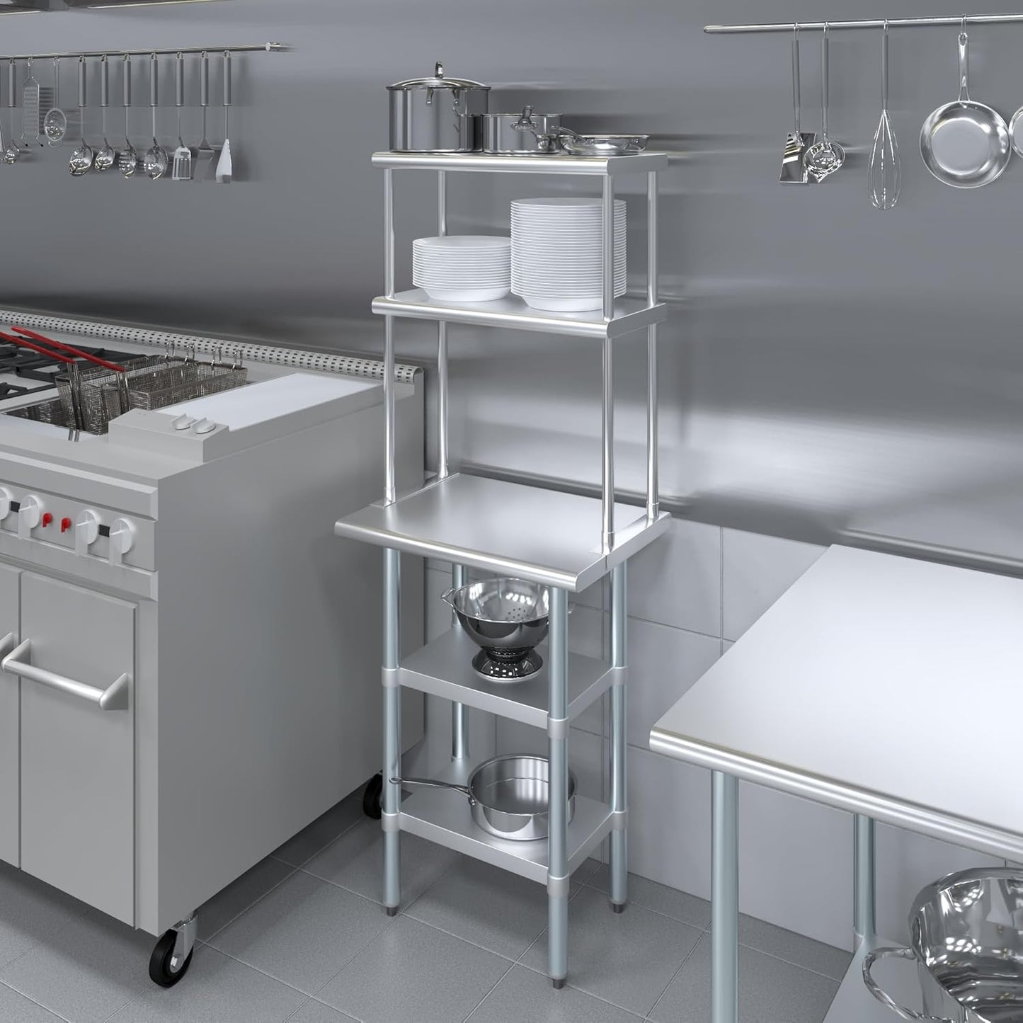 Amgood Stainless Steel Work Table with 2 Shelves | Metal Kitchen Prep Table & Shelving Combo (18" x 24" Table with 2 Shelves + 12" Overshelf)