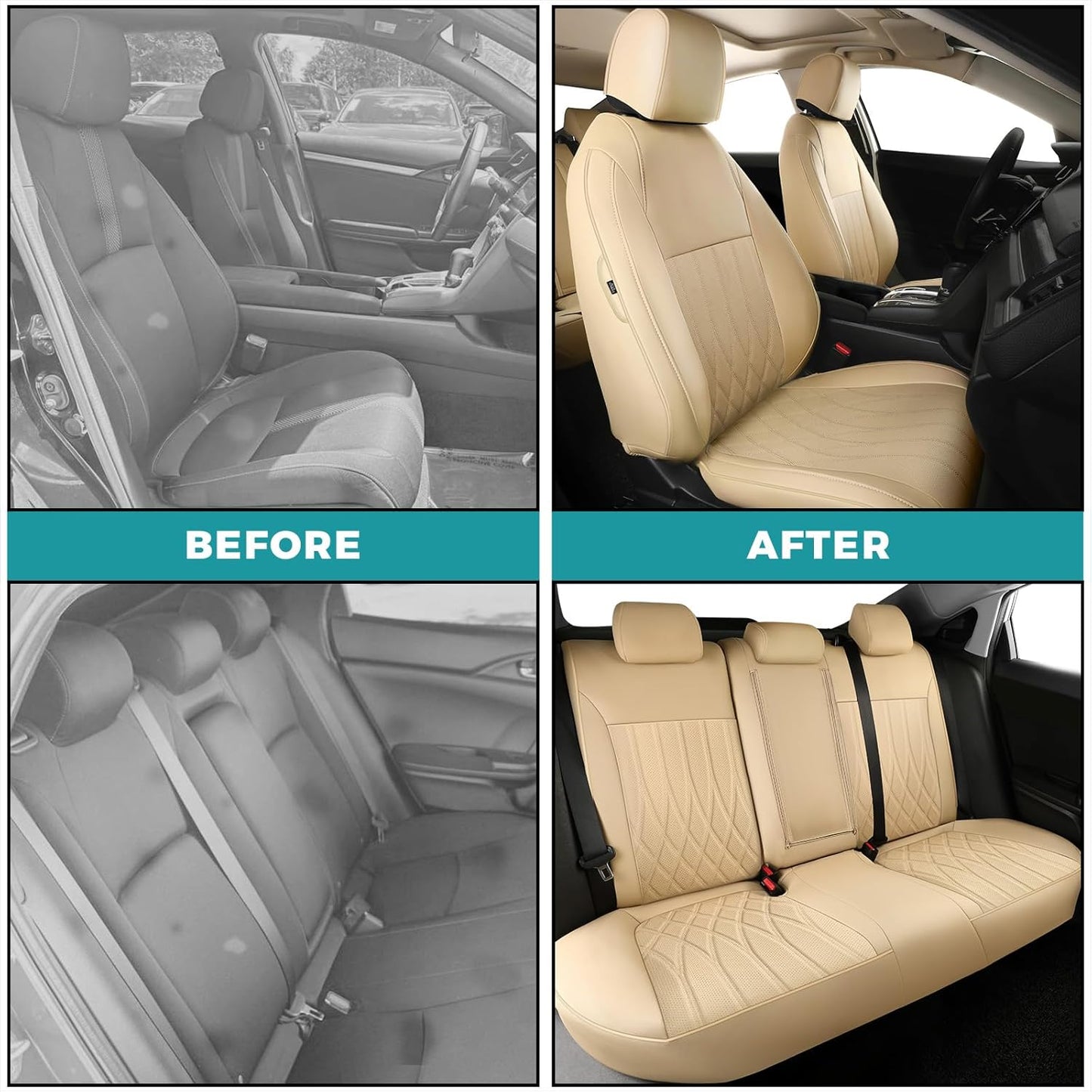 Seat Covers for Honda Civic Hatchback EX, Sport Touring, EXL 2016 2017 2018 2019 2020 2021, Faux Leather Car Seats Cover Full Set(Rear Row 40/60 Split & Folding Backrest)-Beige