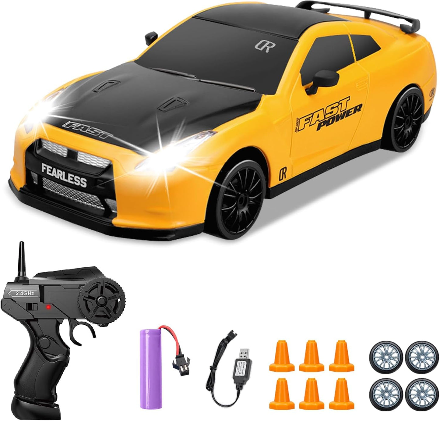 RC Drift Car 1/24 2.4GHz 4WD Remote Control Car, High Speed Drifting RC Cars with LED Lights, Rechargeable Batteries and Drift Tires Racing Toy Cars for Kids (Yellow)