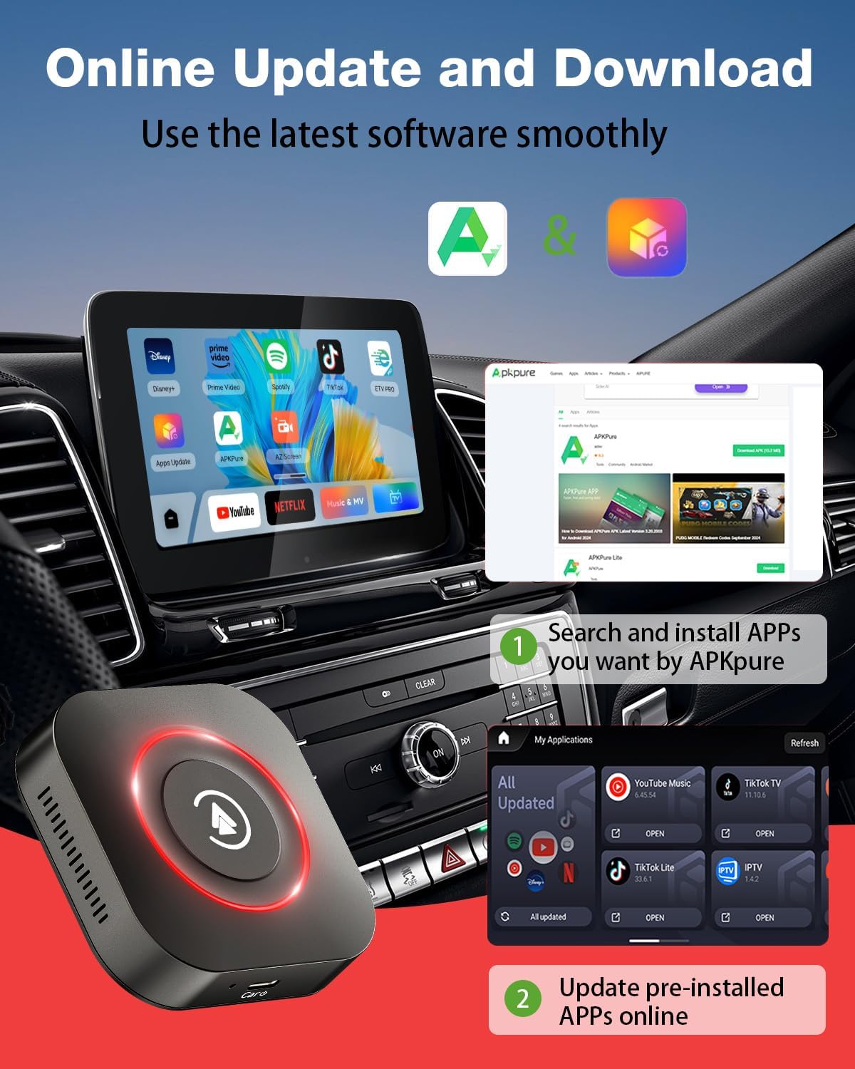 Wireless CarPlay Adapter, 2025 Upgraded Magic Box 2.0 Supports YouTube Hulu TikTok Disney+ and More, Android Auto Wireless Adapter Plug and Play Easy Setup for Cars with OEM Wired CarPlay