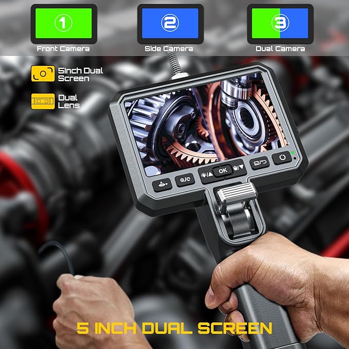 DXZtoz Dual-Lens Articulating Borescope, 6.5mm Slim Probe, Two-Way 210°Rotate Industrial Endoscope, 5'' Dual Screen Inspection Camera with Light for Aircraft Automotive Mechanic Electrician-5FT