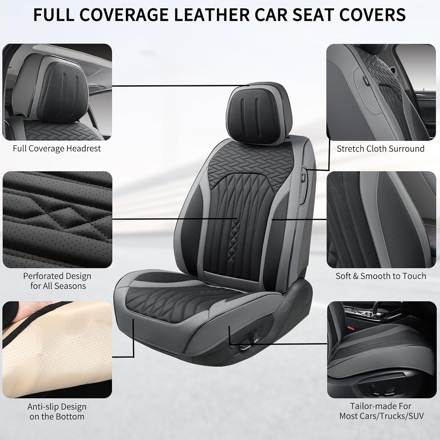 Car Seat Covers Full Set, Leather Seat Covers for Cars, Car Seat Protector Waterproof, Non-Slip Car Interior Covers Fit for Most Cars, SUV, Vans, Trucks,5Seaters,Full Set,Gray-Black,COMFDRIVE-A03