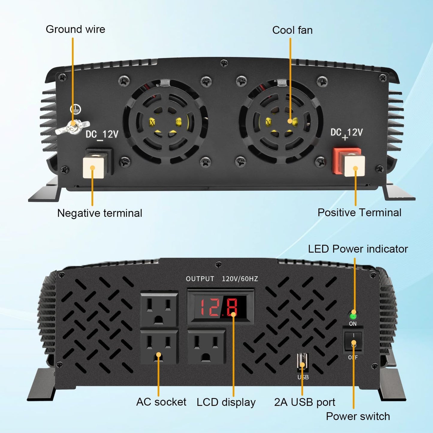 2500 Watt car Power Inverter 12V to 110V /120V, 2000+ watt invertor for RV semi Trucks Vehicles 12V to 110V Converter with 3 AC outles and LCD Screen - 2500W