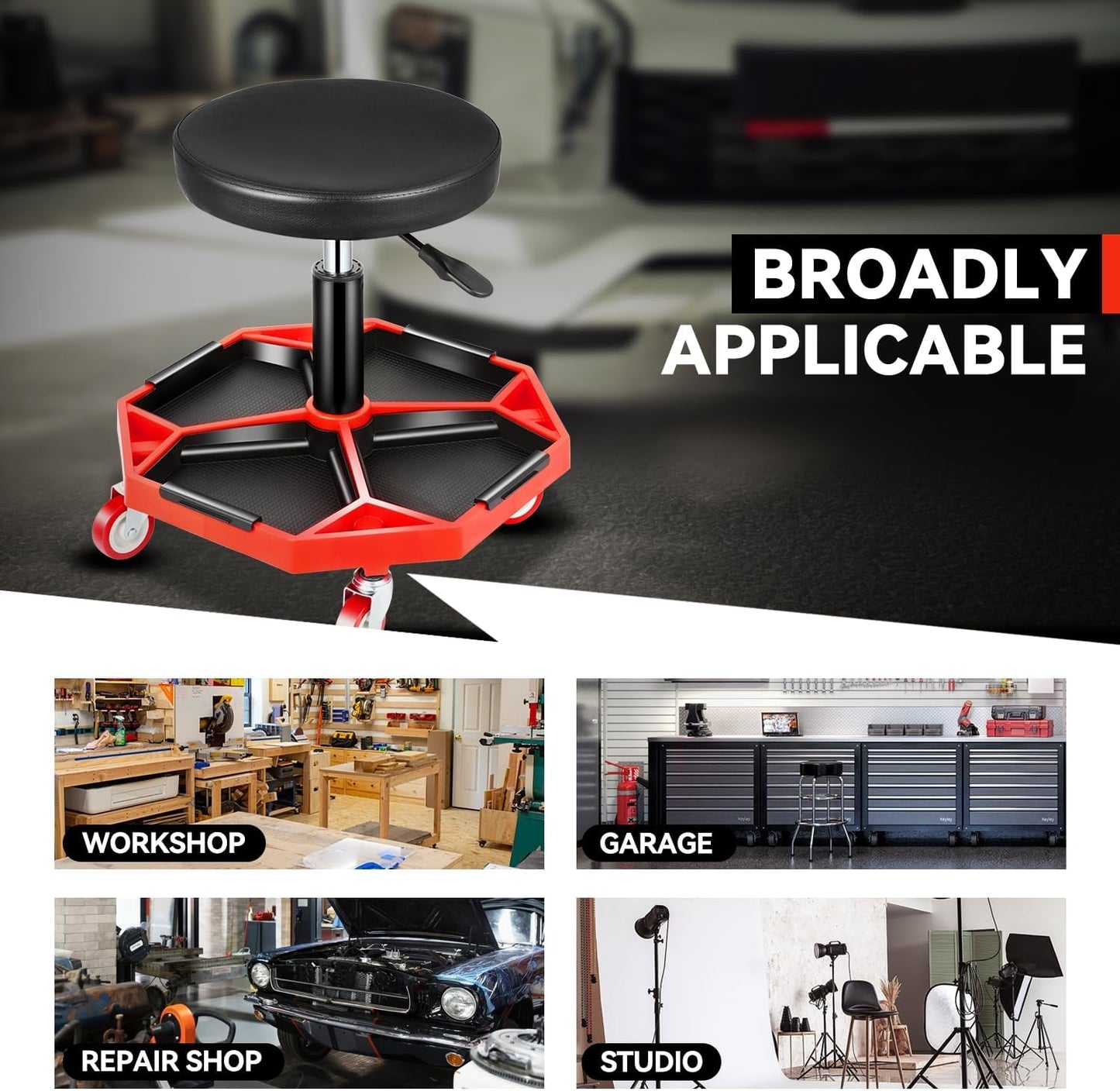 Auto Dynasty Mechanic Stool, Adjustable Rolling Pneumatic Creeper Garage Shop Seat with Tool Tray, 300 LBS Roller Seat for Workshop Auto Repair, Adjustable Height 15.7" to 21", Black/Red