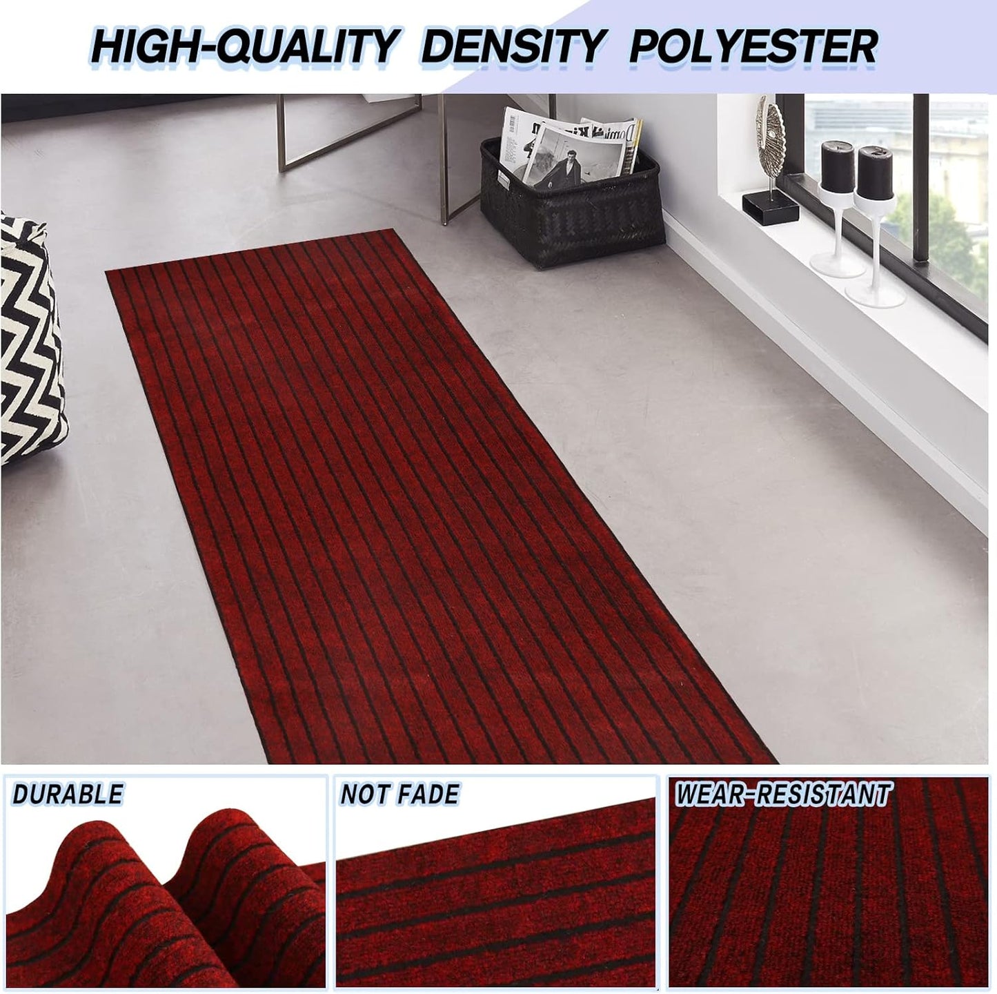 Custom Size Backed Non-Slip Area Rugs Runner, Easy Clean, Waterproof Runner Rugs for Hallway Entryway, Kitchen, Laundry, 3FT x 20FT, Red Stripe
