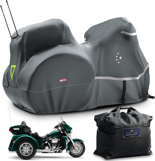 Trike Cover,Motorcycle Cover LI LIBZAKI Heavy Duty 600D Waterproof for Trike Models Harley Davidson freewheeler, Tri Glide, CVO Version, Goldwing, Chidftain, Challenger/Gray