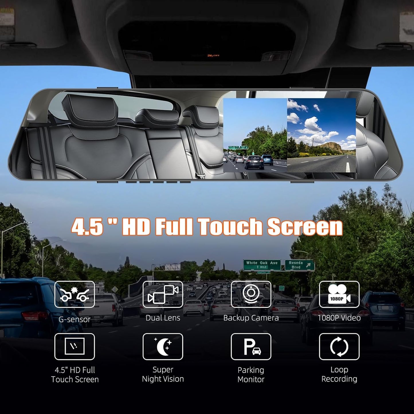 Mirror Dash Cam for Cars,4.5 Inch Rear View Mirror 1080P Front and Rear View Dual Cameras,Super Night Vision,Parking Assistance,24H Parking Monitor,Waterproof Backup Camera