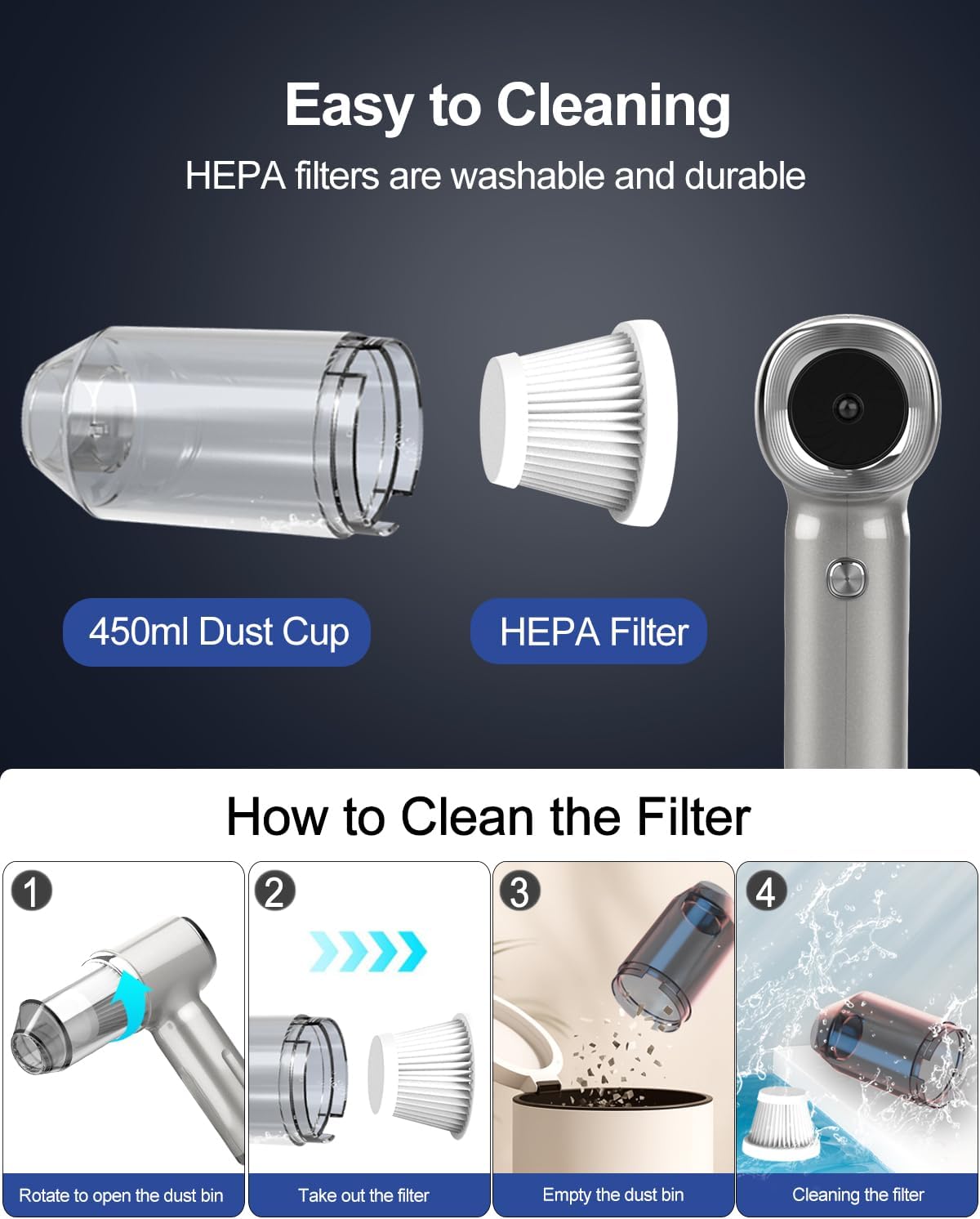 Handheld Car Vacuum Cleaner High Power,4-in-1 Small Portable Mini Cordless Brushless Motor Cleaner with 22000pa Suction Power & Air Duster,Type-C Charge,Cleaner for Home,Car(Mysterious Silver)