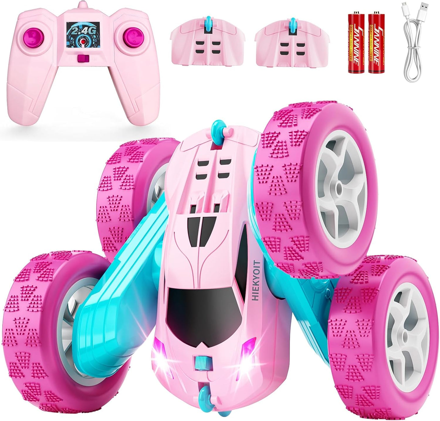 Remote Control Car, Pink RC Cars for Girls, 2.4 GHZ Double Sided RC Stunt Car 360° Rotating Remote Control Crawler with Headlights Cars Toys for 6 7 8 9 10 11 12 Girls Birthday
