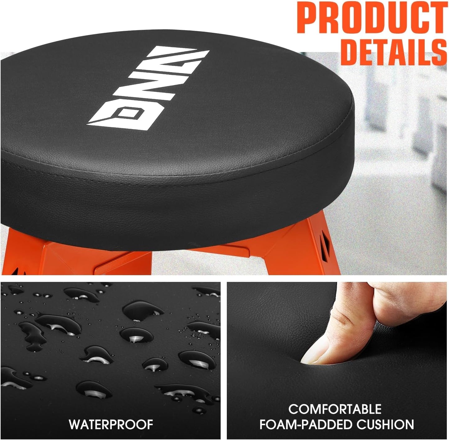 DNA MOTORING Heavy-Duty Padded Seat, Mechanics Shop Garage Stool, 300lbs Capacity Metal Stool Chair for Workshop, W/Tool Storage Tray, 360° Swivel Padded Seat, TOOLS-00639-BK-RD