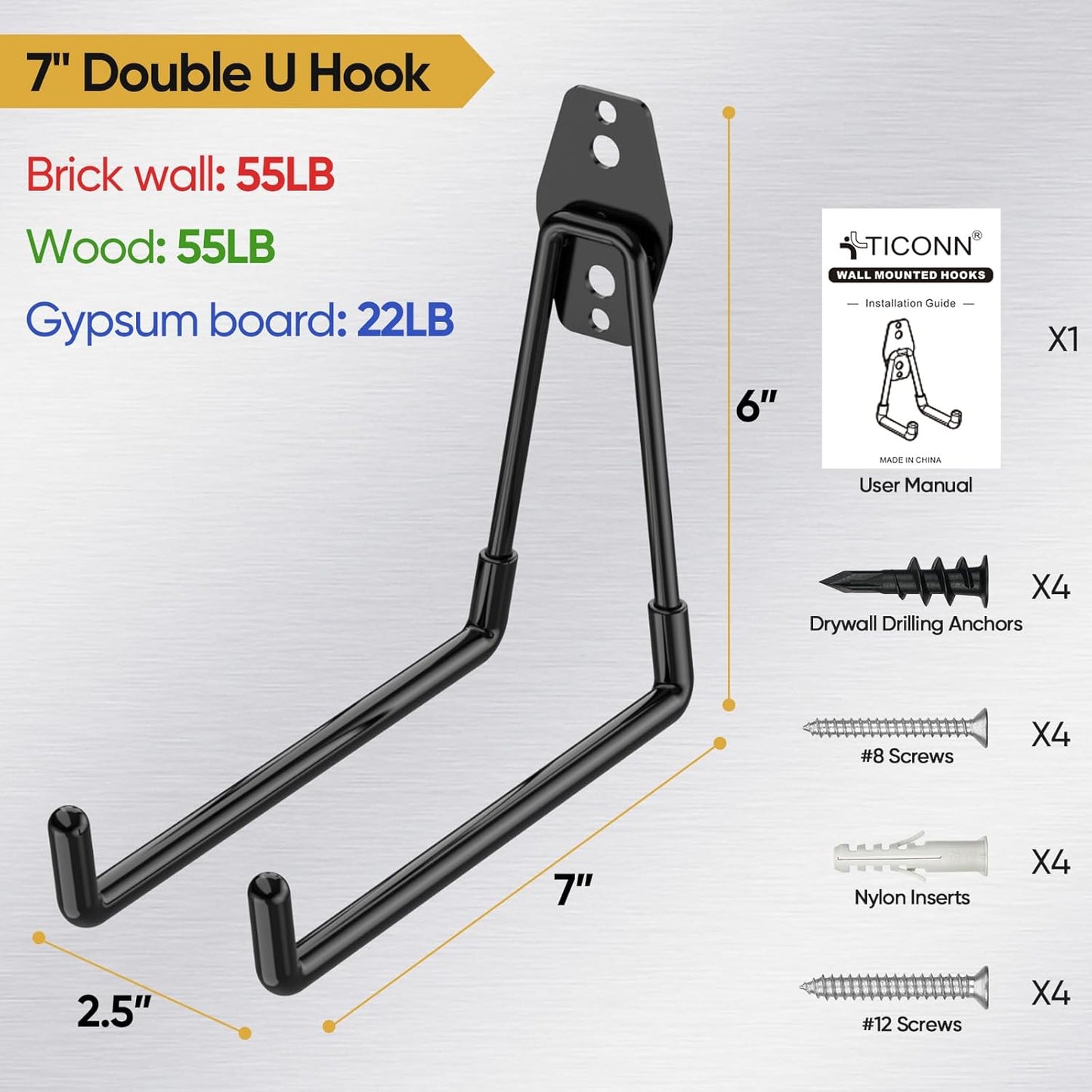 TICONN 2 Pack Heavy Duty Garage Hooks, Steel Utility Wall Storage Hooks, Wall Mount Hanger Organizer for Ladders, Bikes, Tools, Bulky Items (Large, Black Square)