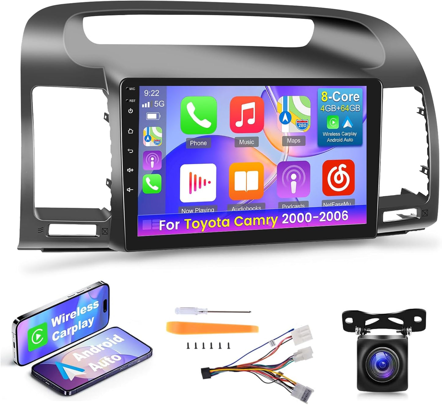 [8 Core 4+64G] Car Radio for Toyota Camry 2000-2006 with Wireless Carplay and Android Auto - 9 Inch IPS 1280 * 720 Touchscreen Android Stereo - DSP / 59 UI Themes/WiFi/GPS/SWC + AHD Backup Camera